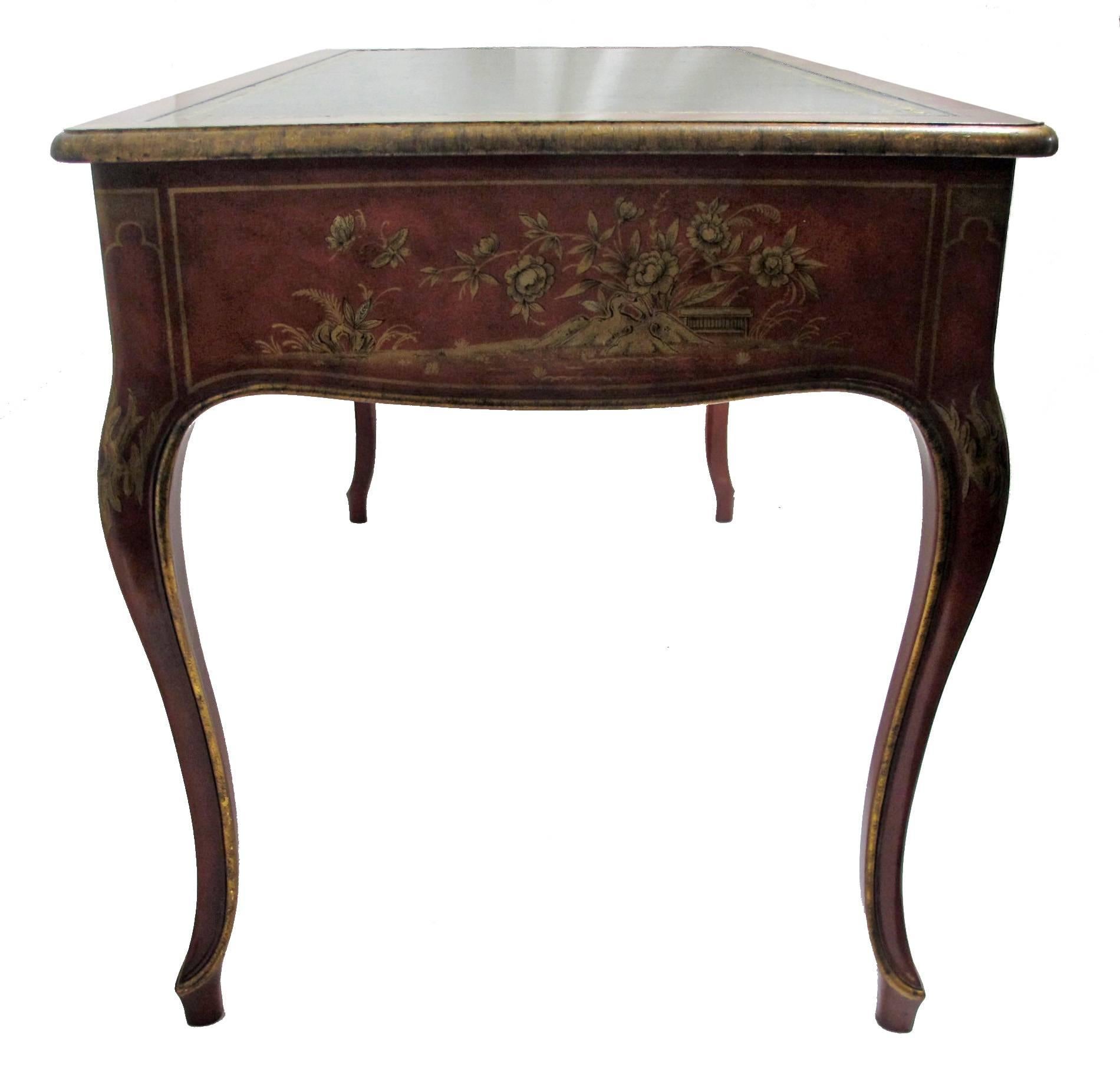 Leather Louis XVI Style Chinoiserie Bureau Plat Desk