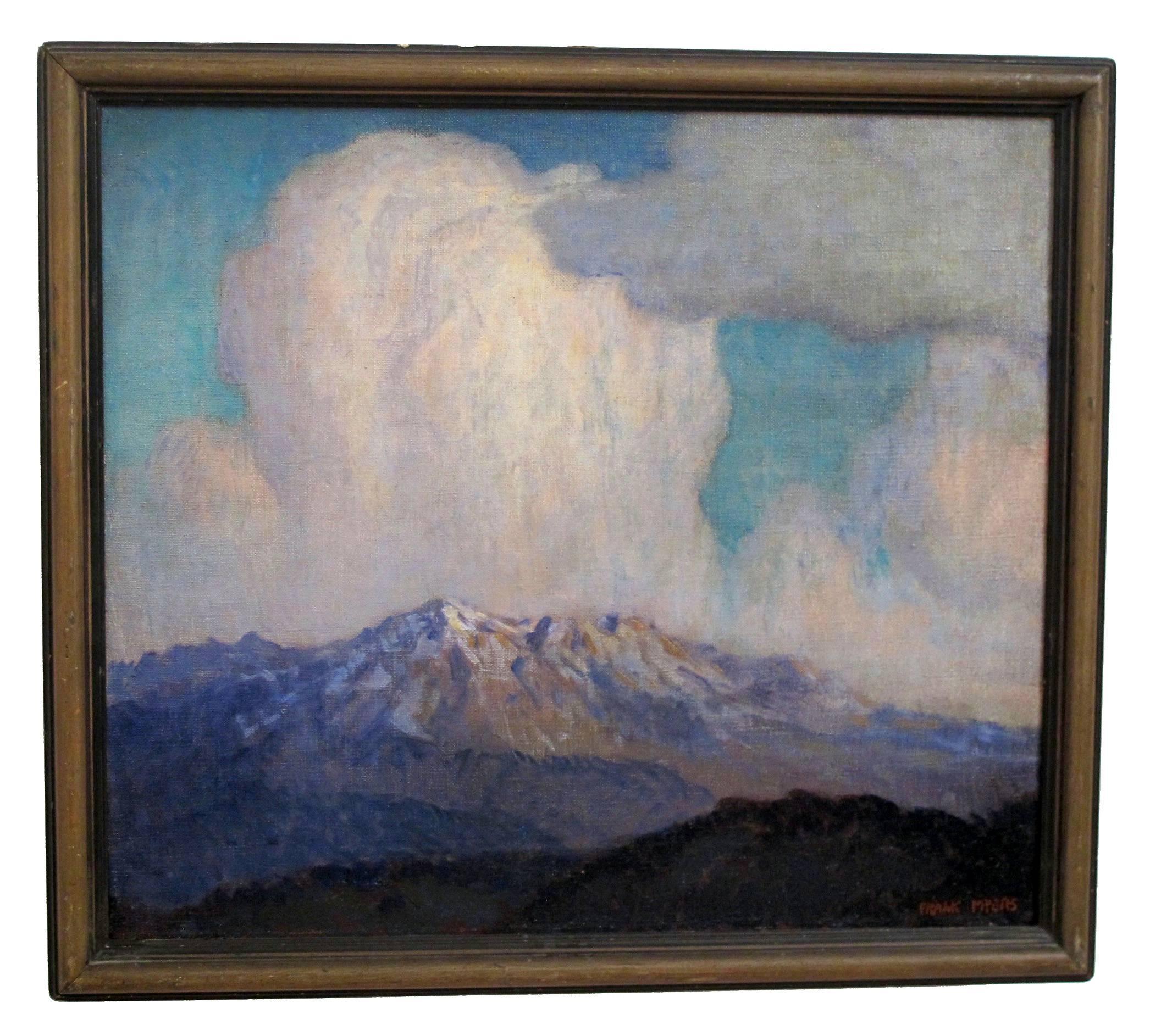 Mountain range landscape painting by Californian/Ohio artist Frank Myers (b.1899-d.1956). Oil on canvas in painted wood frame. American, early 20th century.

Born in Cleves, OH on Feb. 23, 1899, Frank Myers, in 1917 became a pupil of Duveneck and