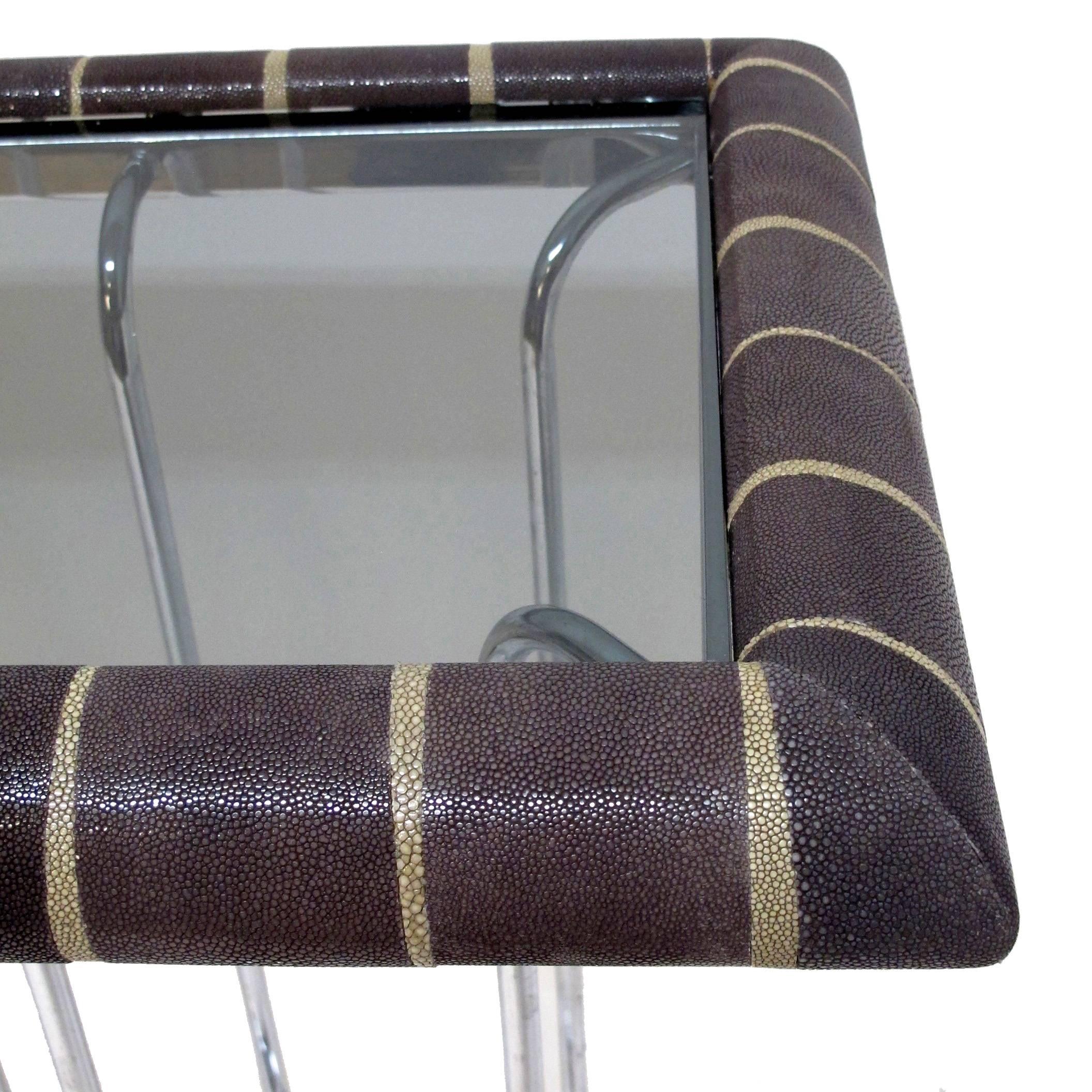 American Shagreen and Chrome Console Table with Glass Top
