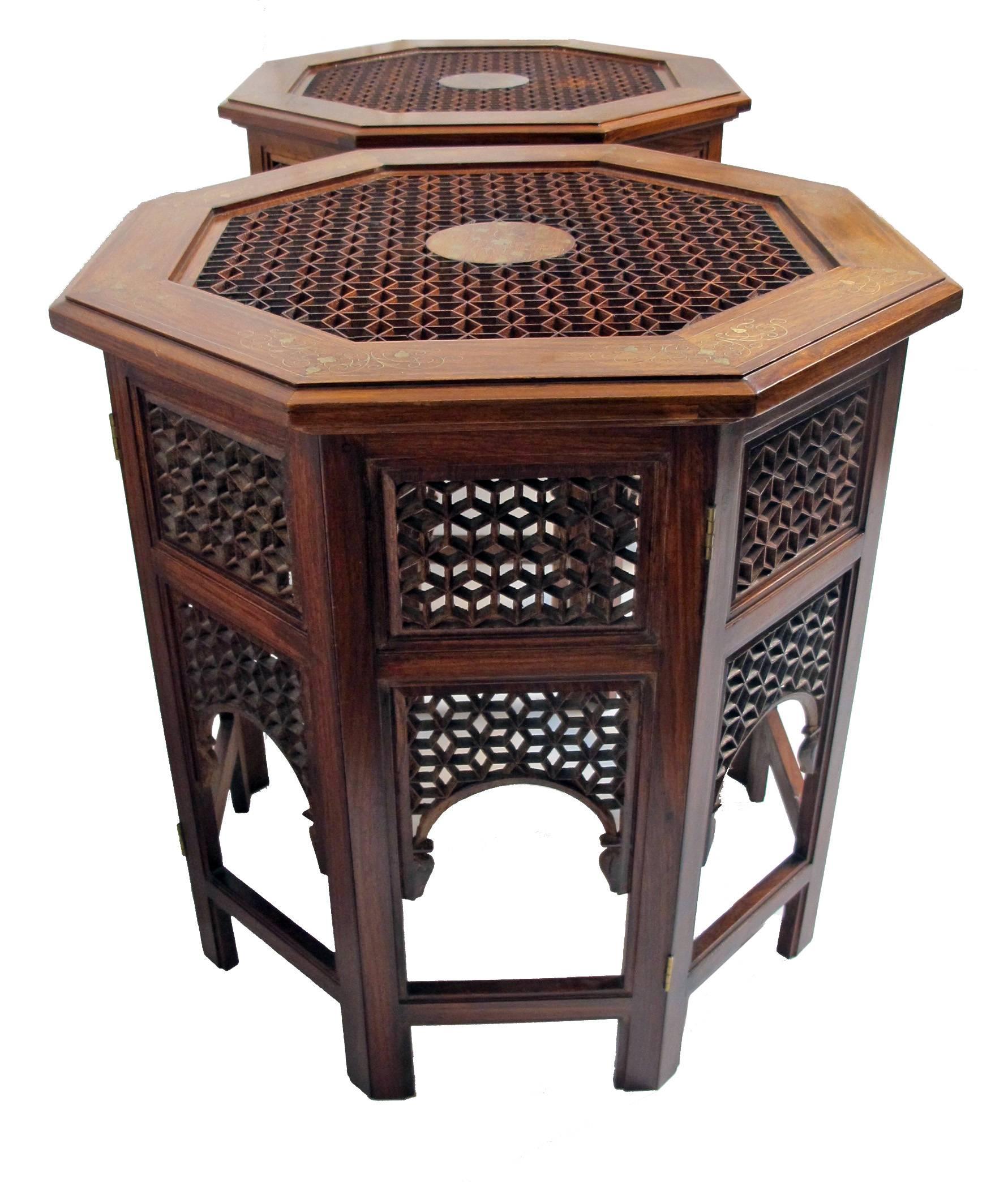 Indian Pair of Octagonal Brass Inlaid Tabouret Side Tables