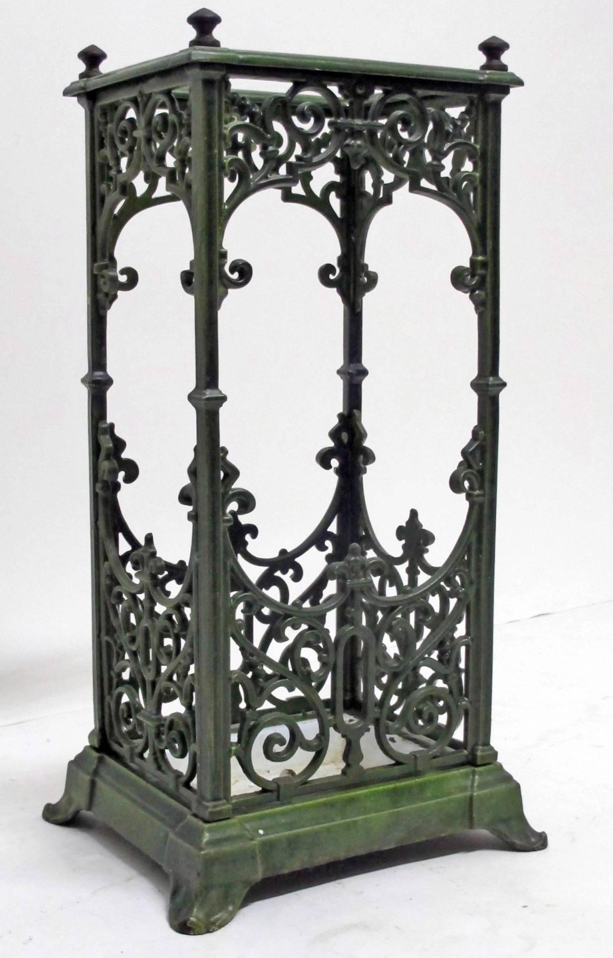 Heavy green enameled cast iron umbrella stand in very good original antique condition. Having some minor and expected chips to the enamel glaze. European, late 19th-early 20th century.