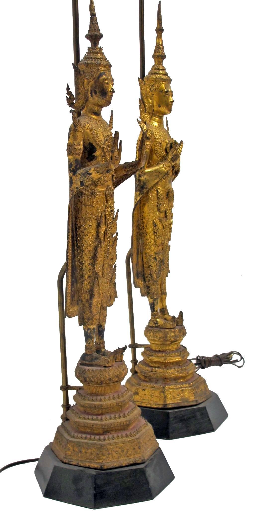19th Century Thai Deity Gilt Bronze Figural Lamps 2