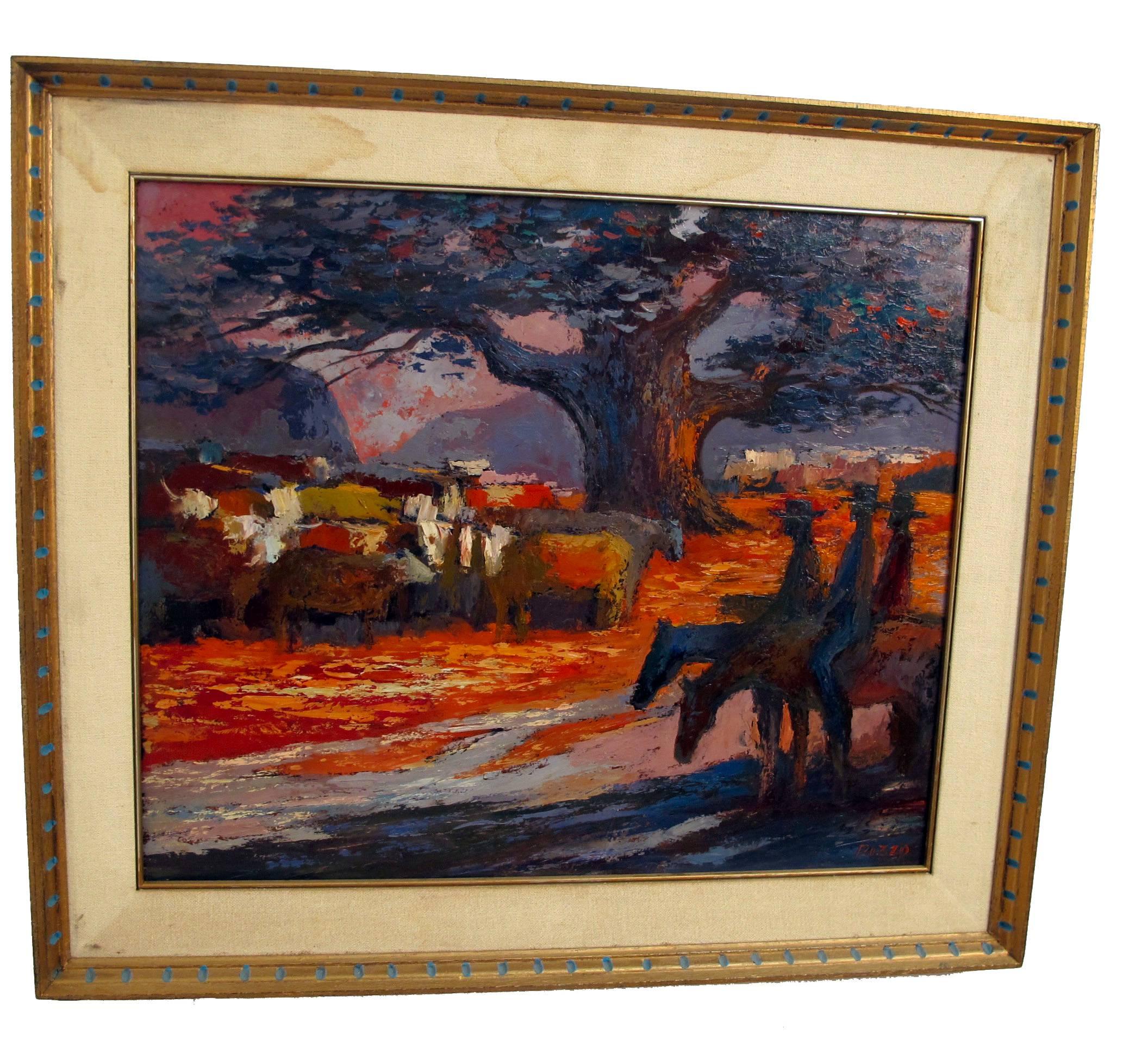 Western landscape oil on panel in original frame by California artist Anthony Rizzo (b.1919-d.2000). American, mid-20th century.

The following information is from Anthony C Rizzo, oldest son of the artist: 
 He worked for Walt Disney, starting I