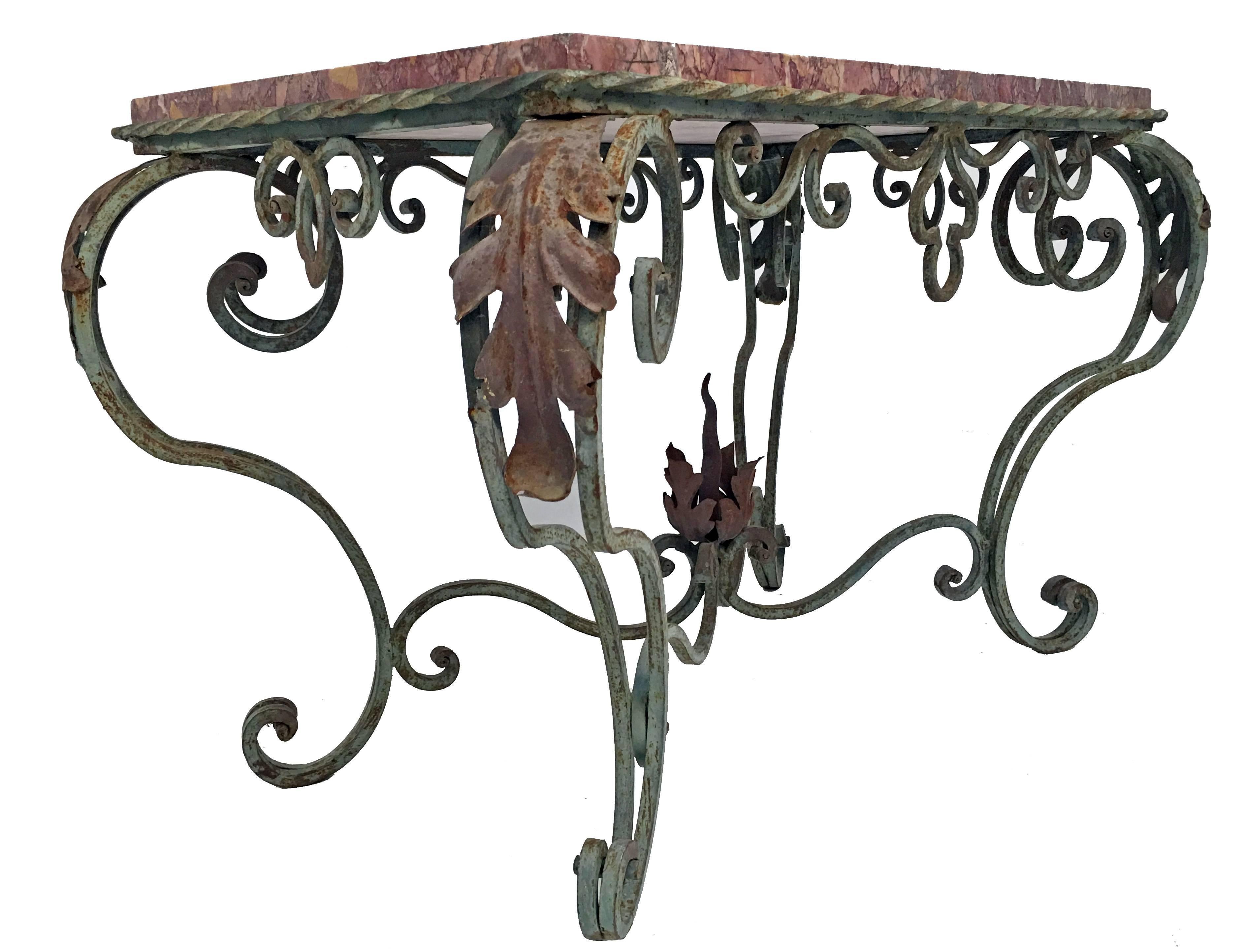 Rococo Green Painted Wrought Iron Table with Marble Top