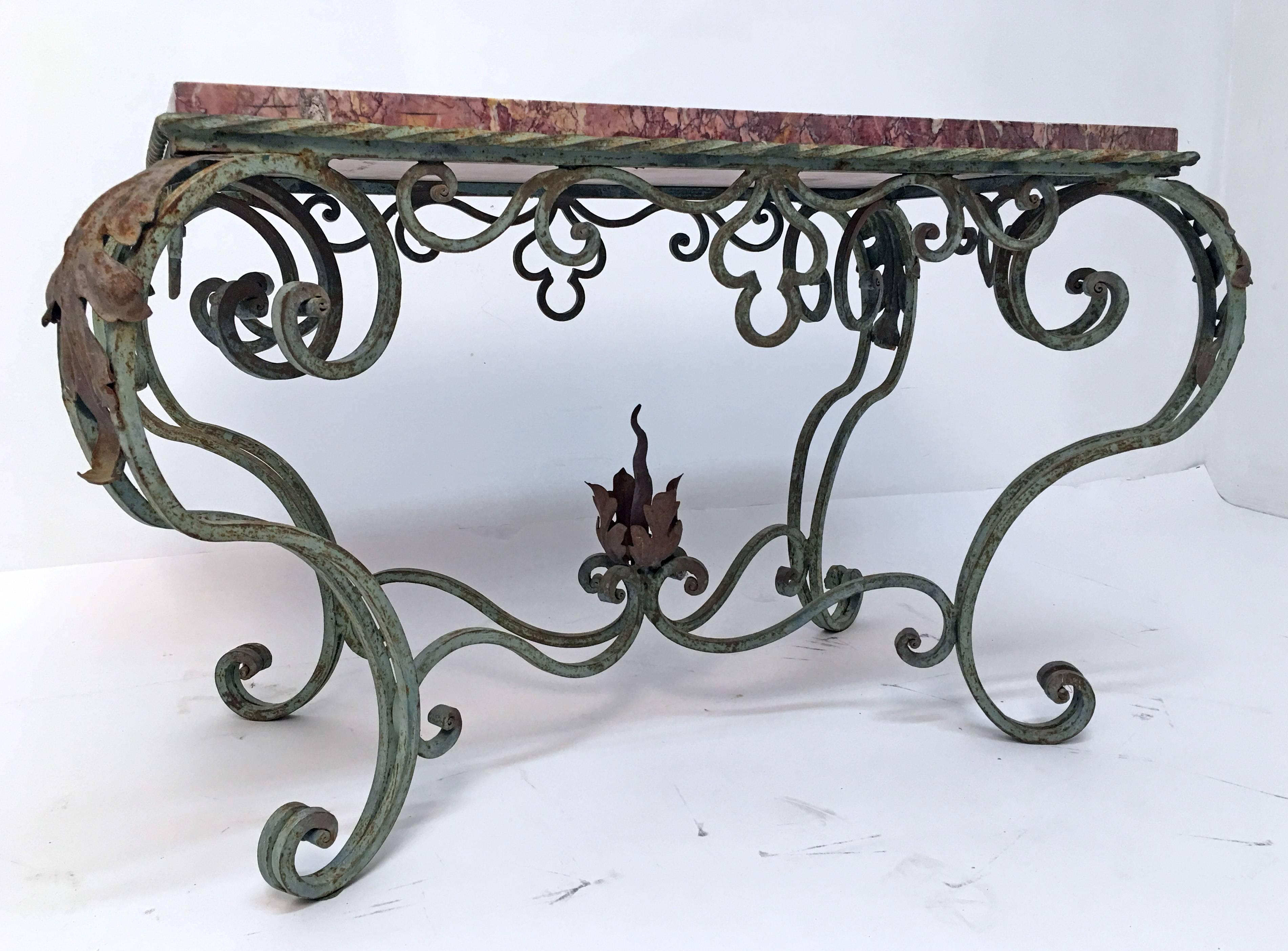 Mid-20th Century Green Painted Wrought Iron Table with Marble Top
