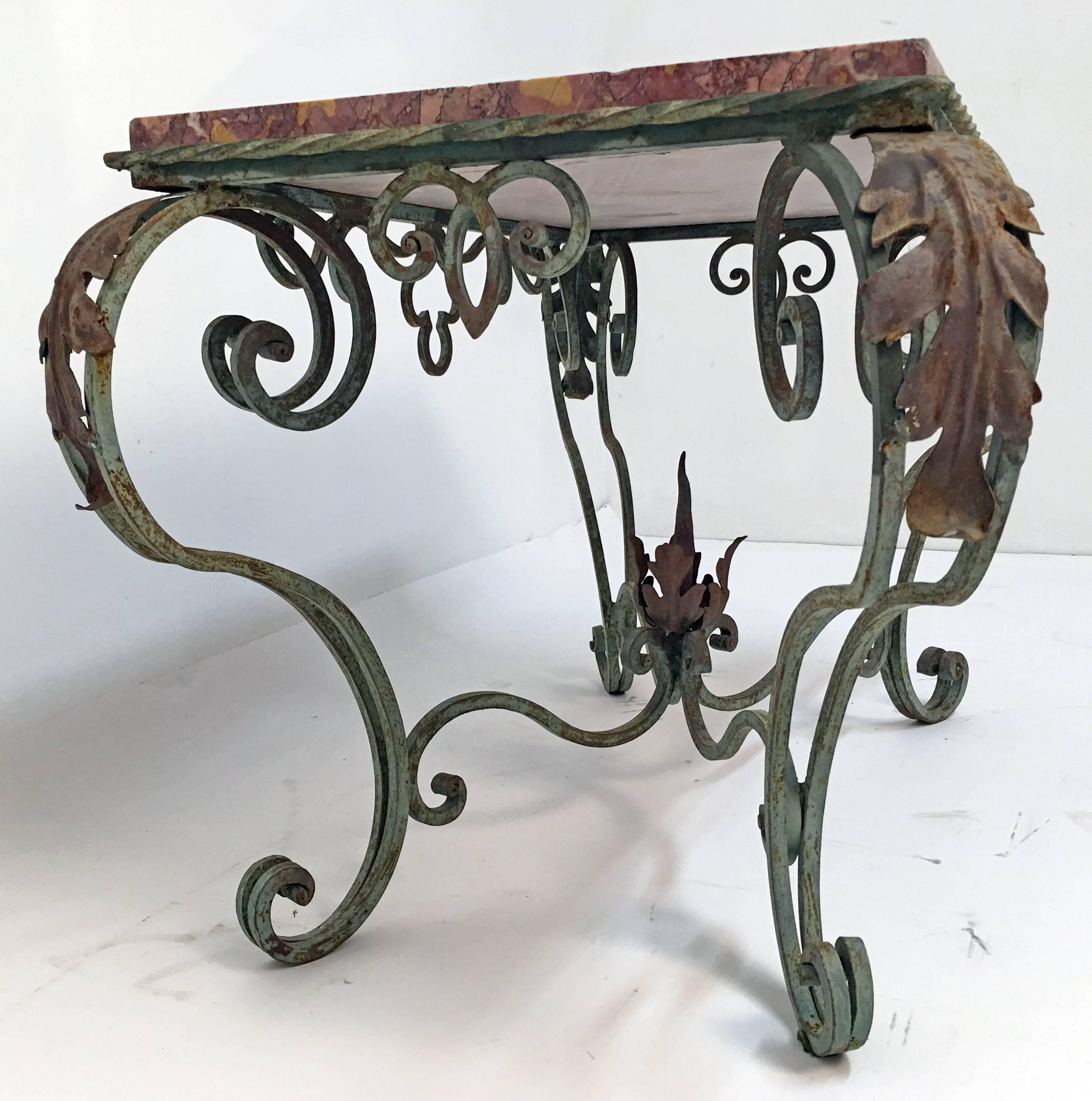 Green Painted Wrought Iron Table with Marble Top In Excellent Condition In San Francisco, CA