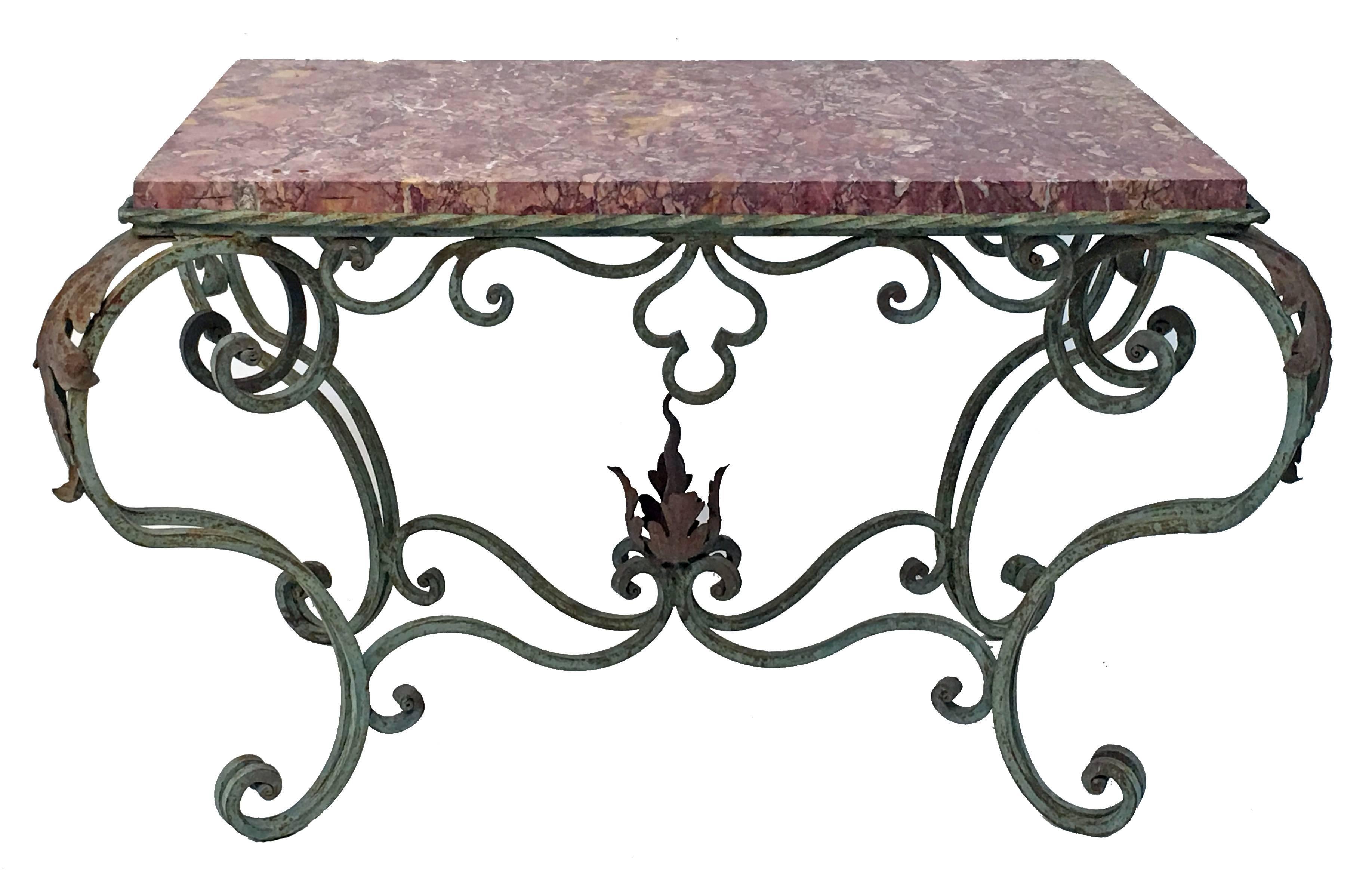 Green Painted Wrought Iron Table with Marble Top 2