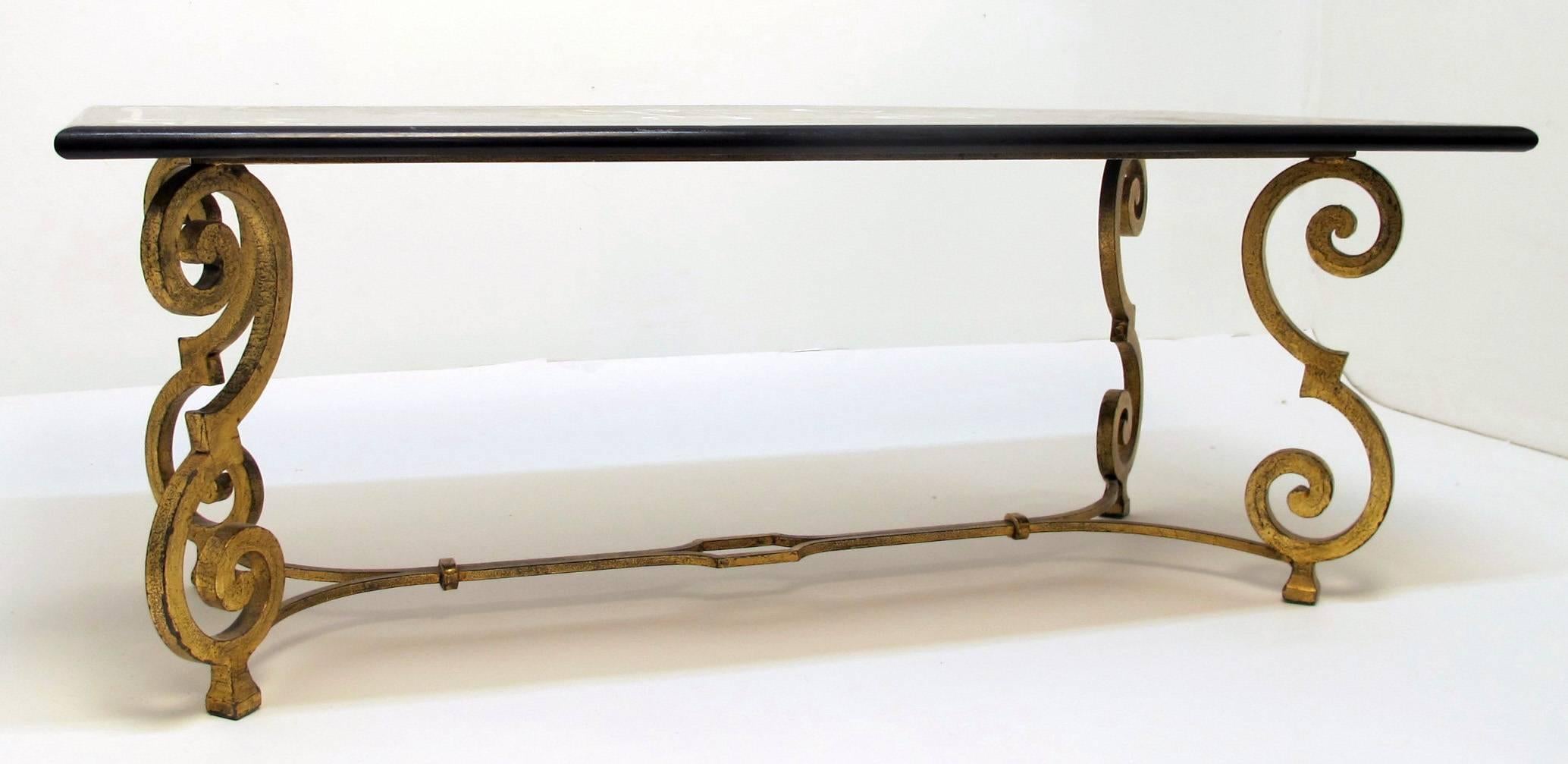 Pietra Dura Marble Top Coffee Table on Gilt Iron Base. In Excellent Condition For Sale In San Francisco, CA
