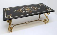 Italian Pietra Dura Marble and Hardstone Coffee Table on Gilt Iron Base.