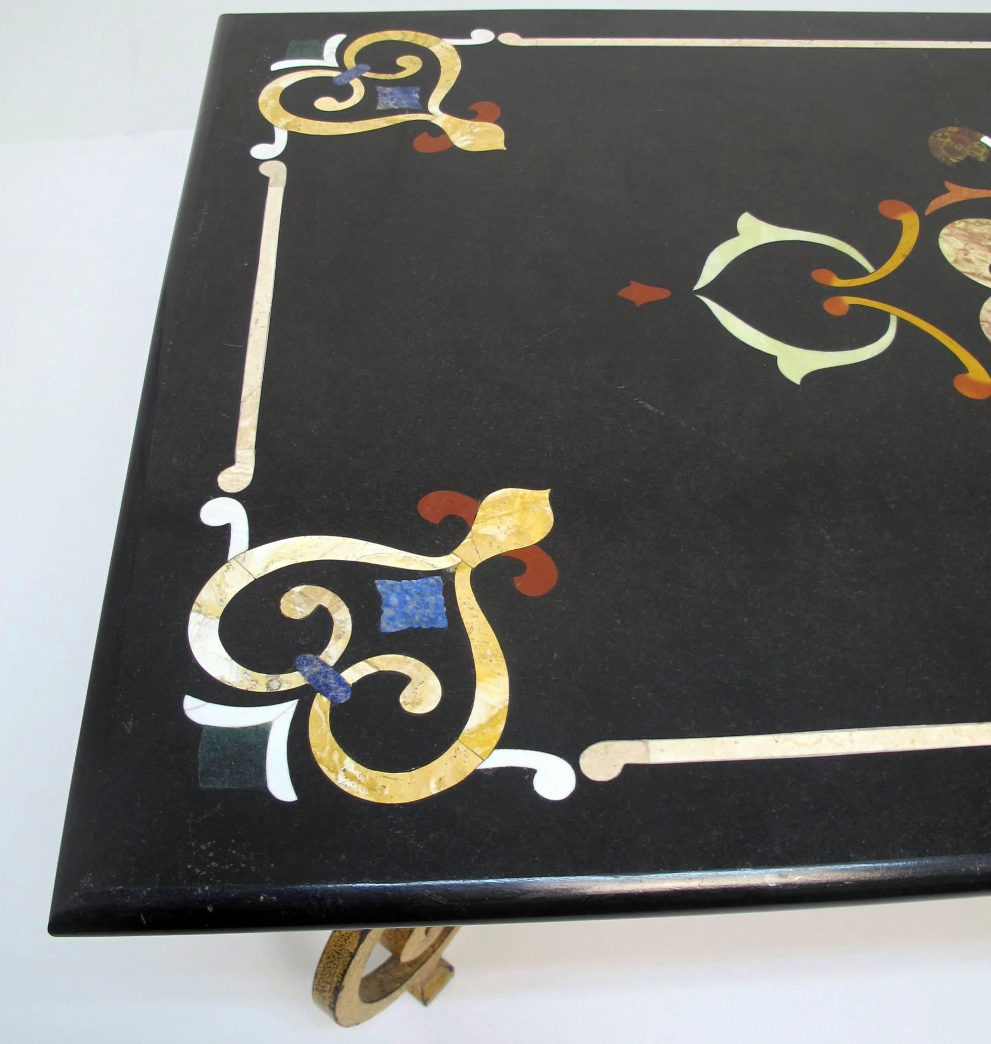 Stone Pietra Dura Marble Top Coffee Table on Gilt Iron Base. For Sale