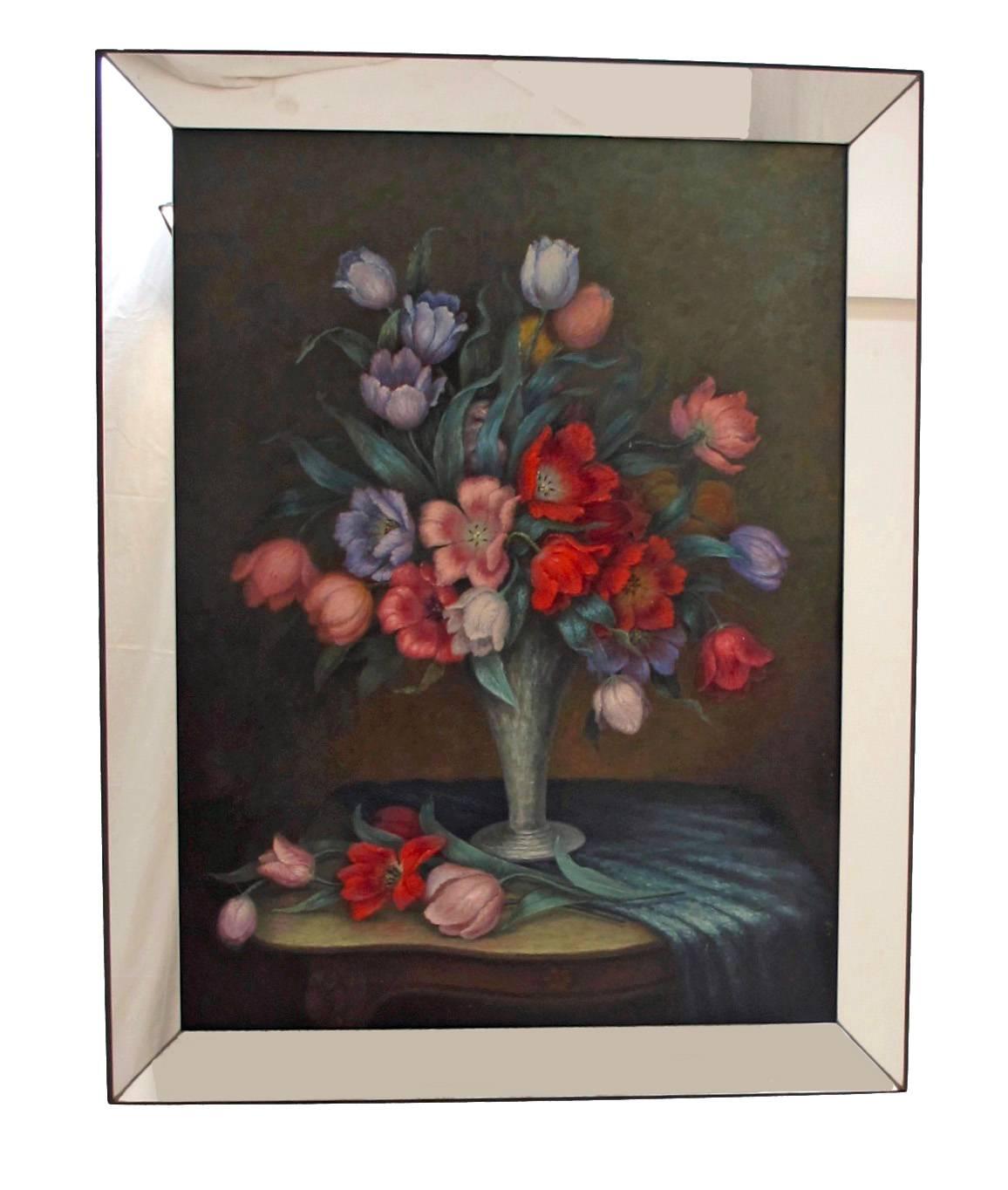 Hand-Painted Large Floral Still Life Painting in Mirror Frame, American Circa 1940 For Sale