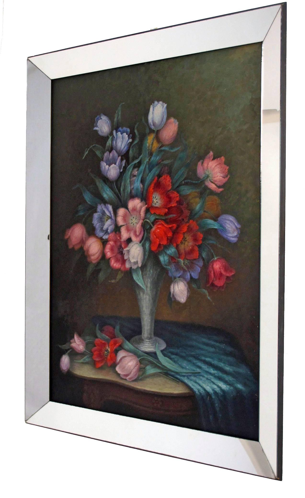 Large Floral Still Life Painting in Mirror Frame, American Circa 1940 In Good Condition For Sale In San Francisco, CA