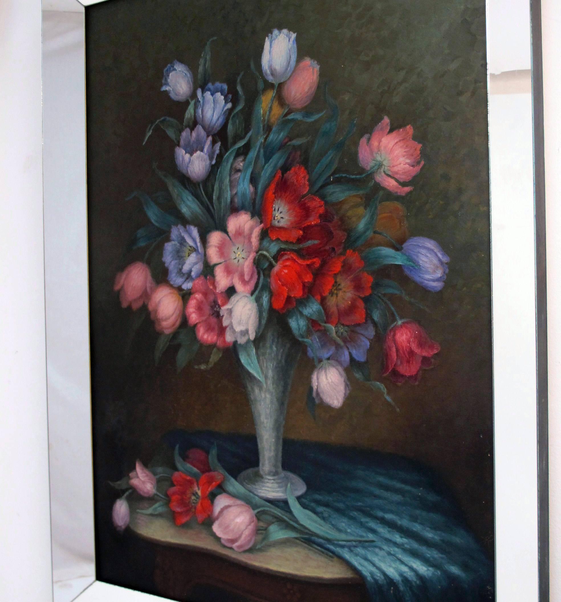 20th Century Large Floral Still Life Painting in Mirror Frame, American Circa 1940 For Sale