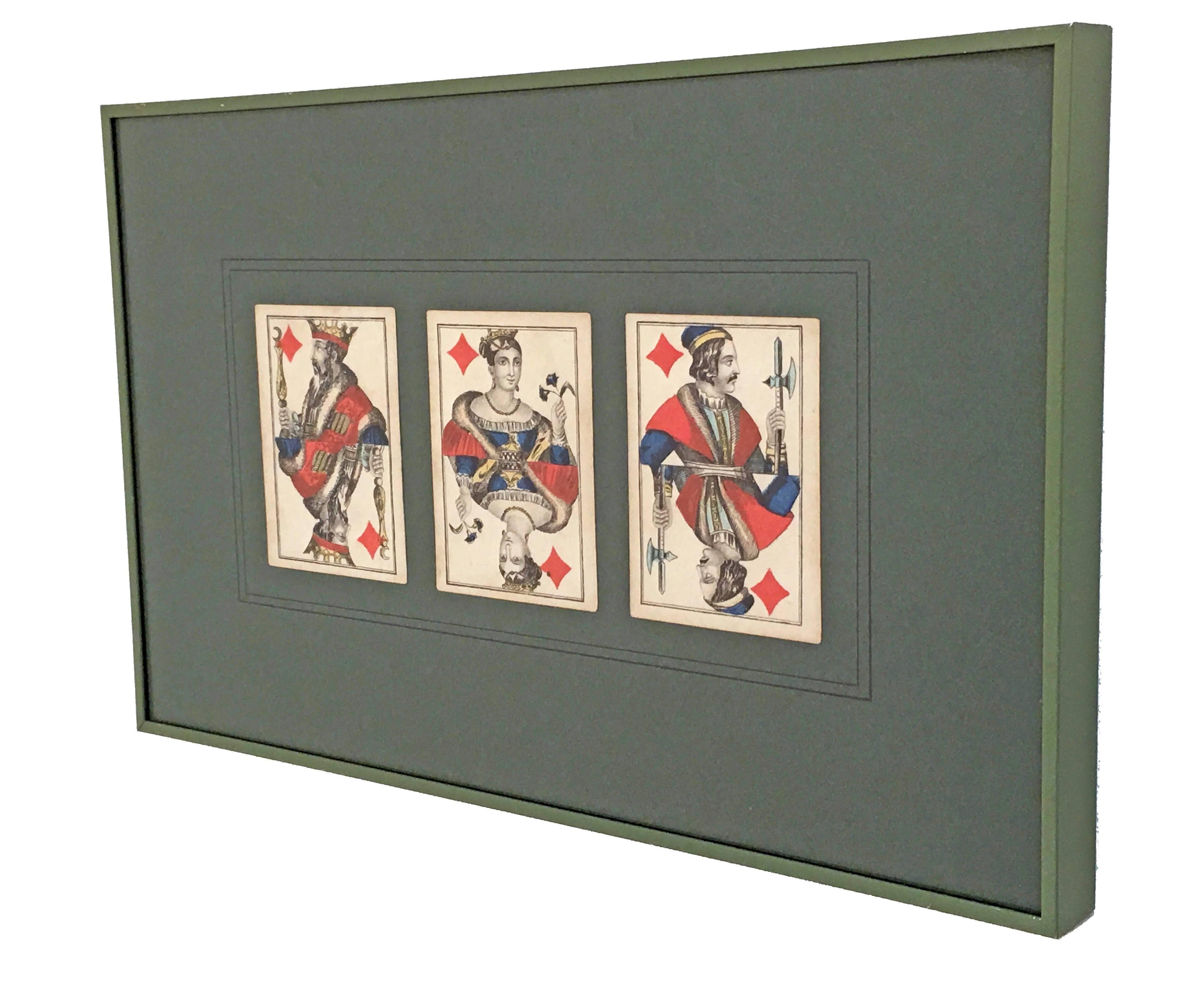 Hand-Painted Collection of 62 Piatnik Playing Cards, 13 Framed Pieces, Austrian, 19th Century