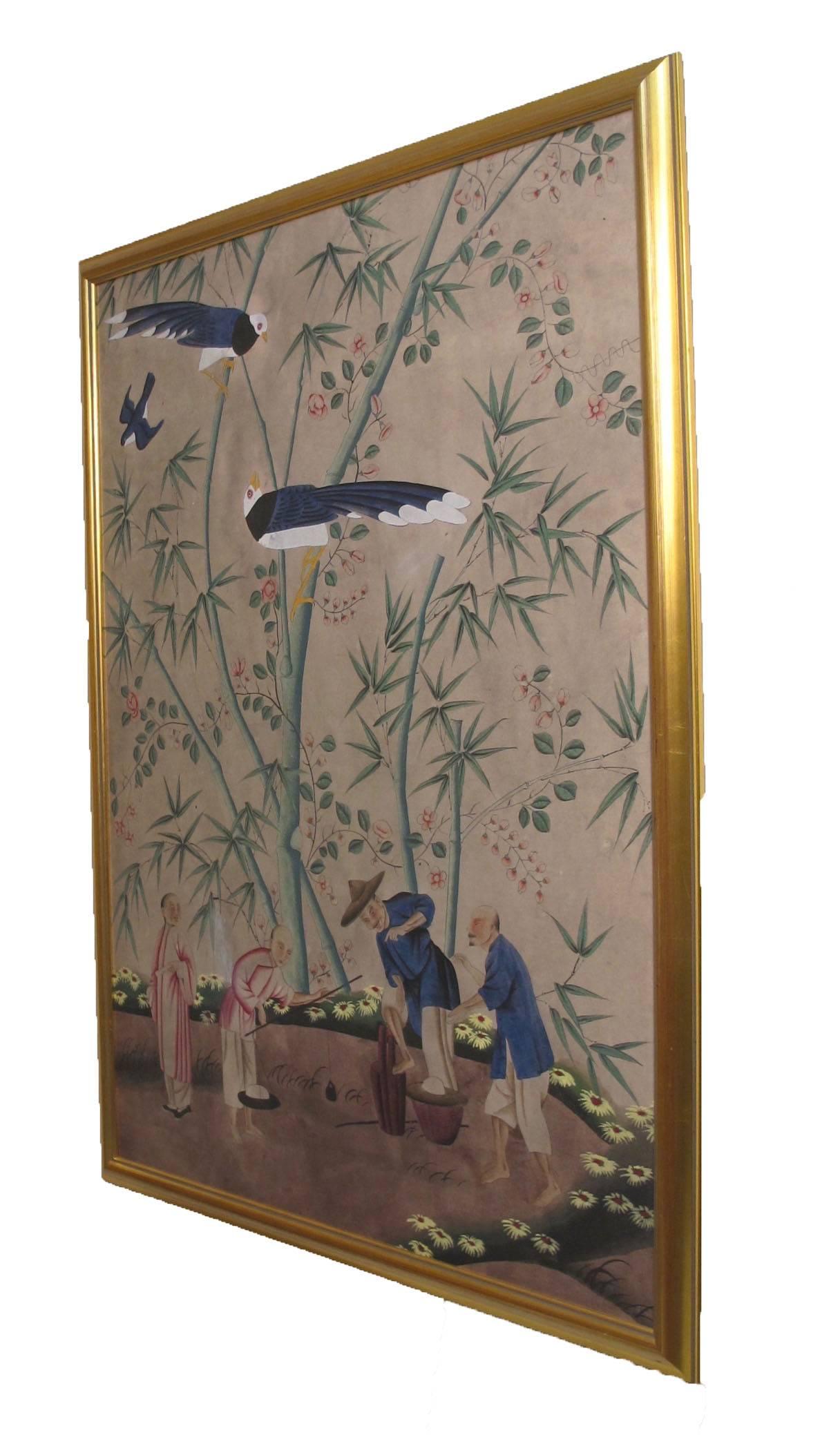 Wonderful bamboo garden scene. Four male figures standing in a bamboo garden setting with birds above. Hand printed, vintage Chinese wall paper, circa 1970.