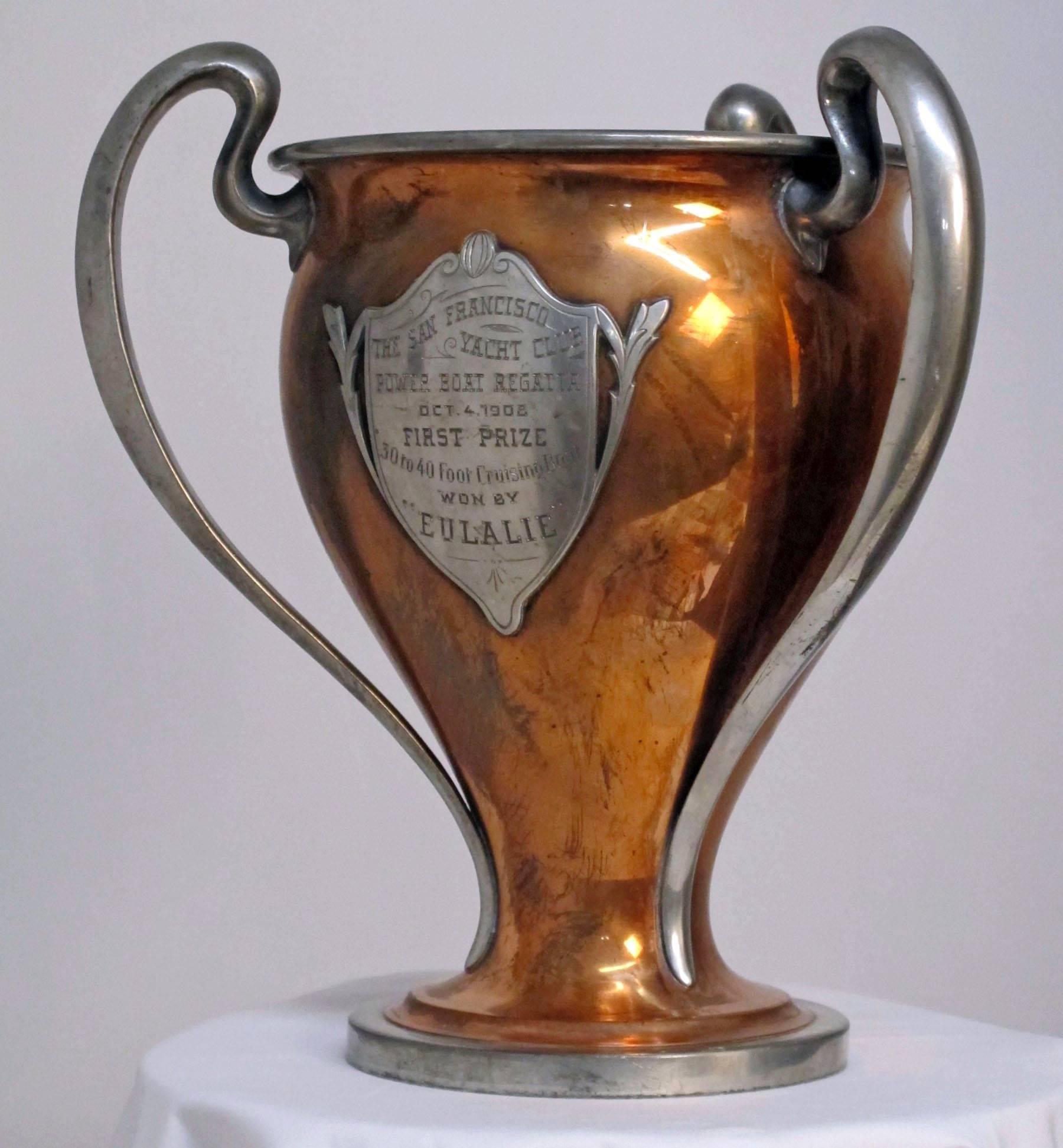 Large three handled copper and silver plate loving cup. Reads: The San Francisco Yacht Club, Power Boat Regatta, Oct. 4th 1908, first prize, 30 to 40 cruising boat won by Eulalie.
 