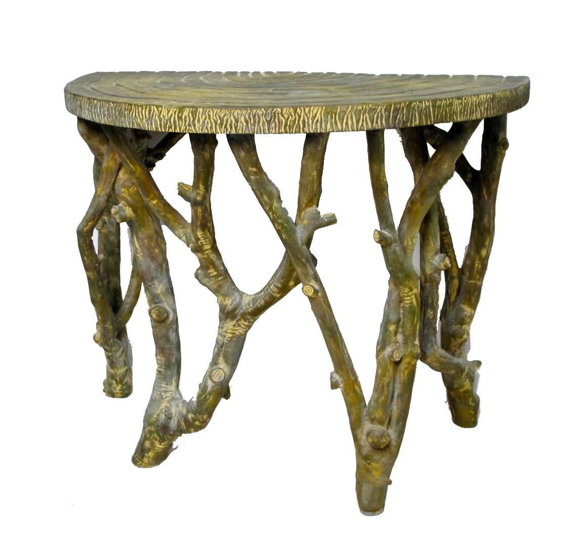 Originally purchased from Gumps in the 1970s. High end designer faux bois tree branch demilune style table, cast from composition material. America, mid-20th century.