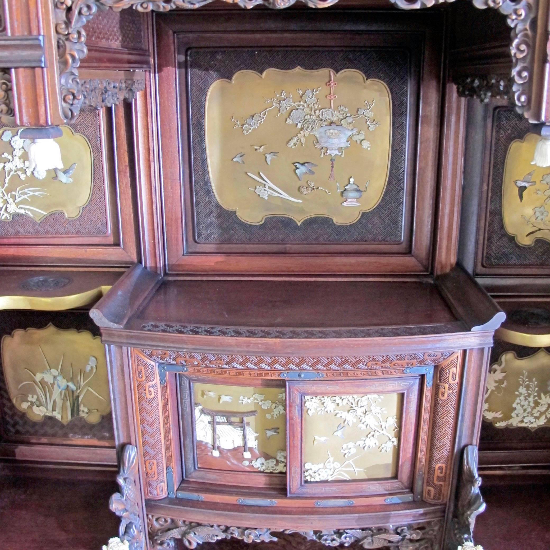 Mother-of-Pearl Japanese Carved and Lacquered Shibayama Cabinet, Meiji Period  For Sale