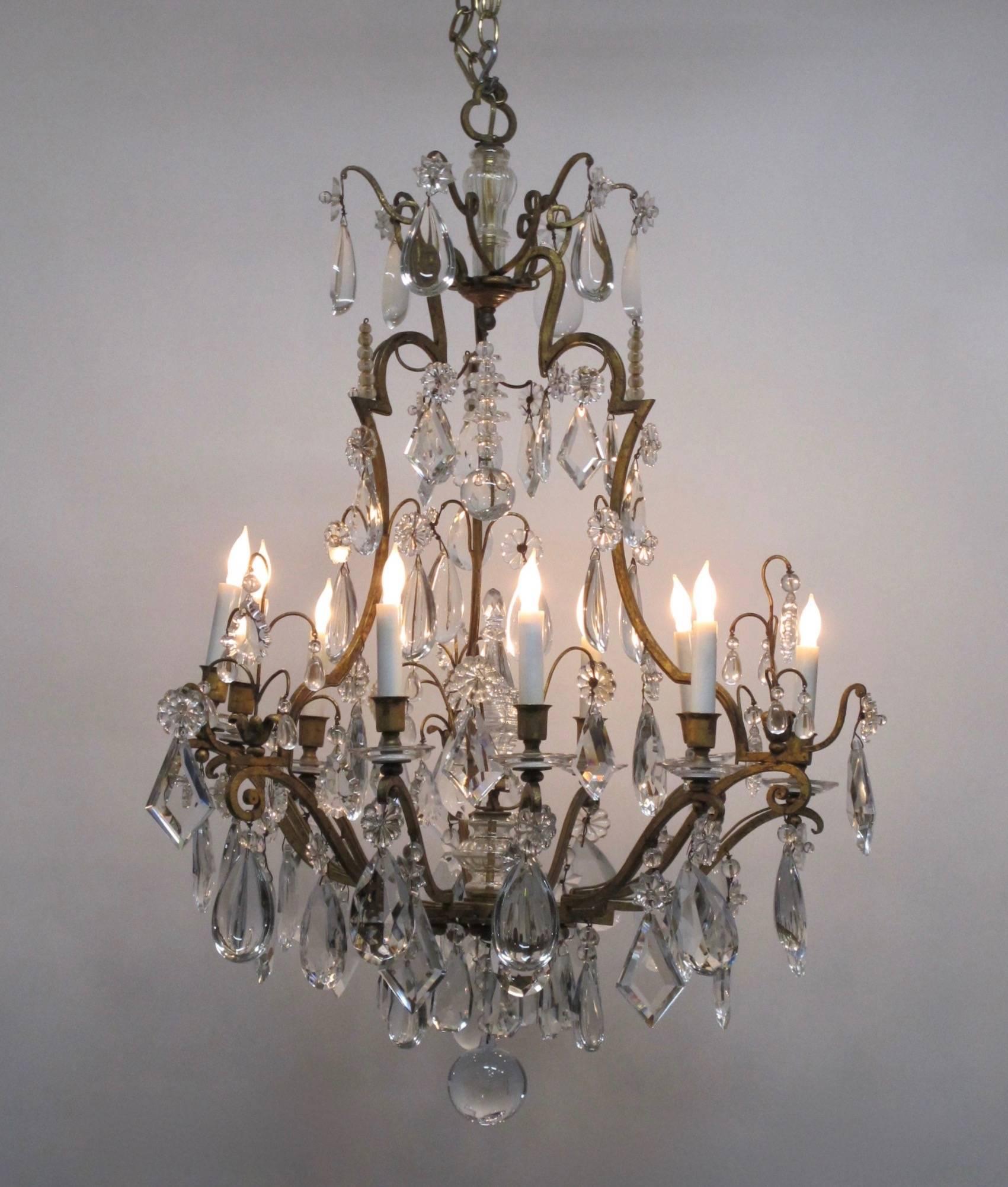 French Gilt Iron and Crystal Nine-Light Chandelier