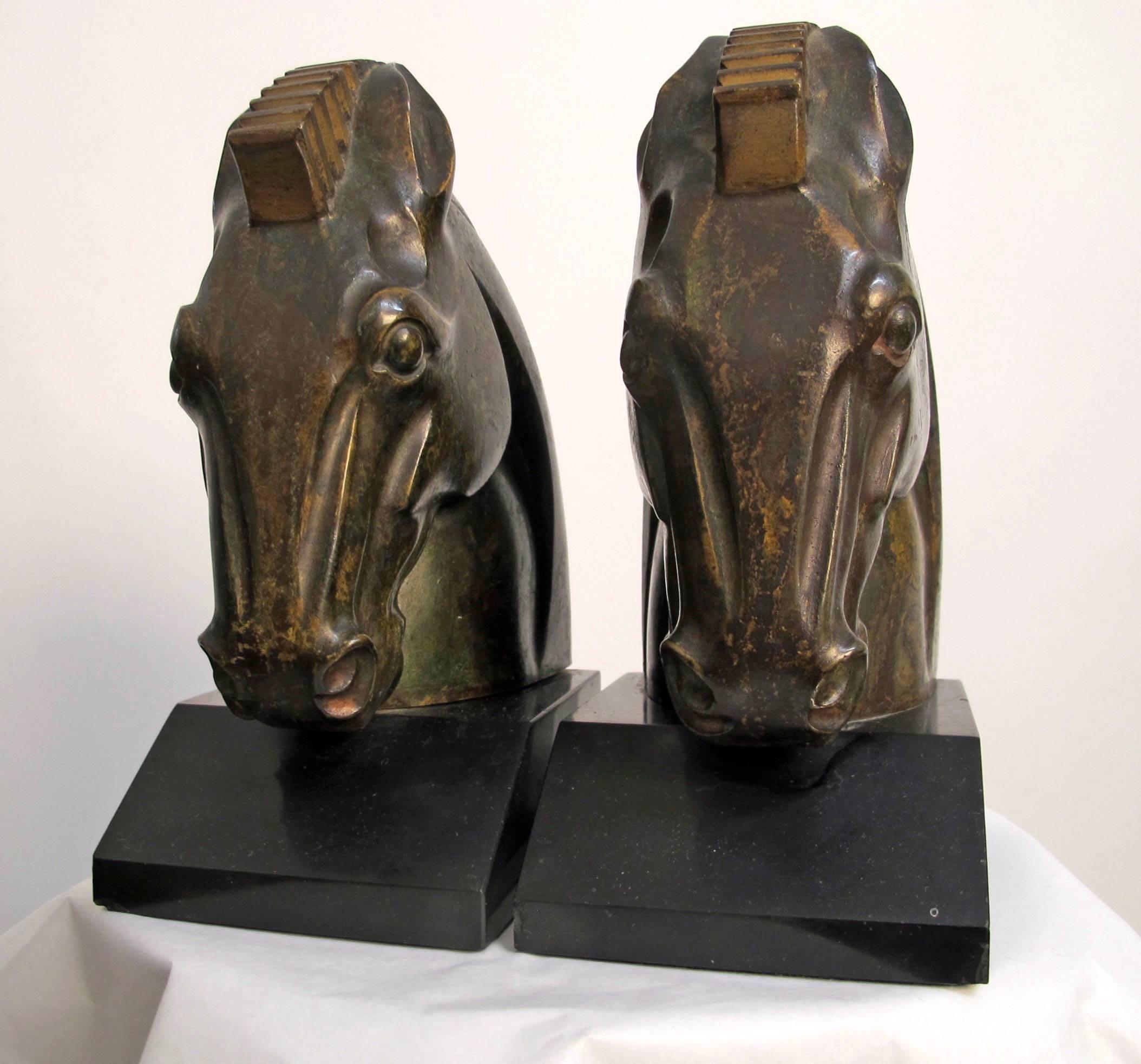 Polished Art Deco Bronze Horse Head Bookends Signed G. H. Laurent