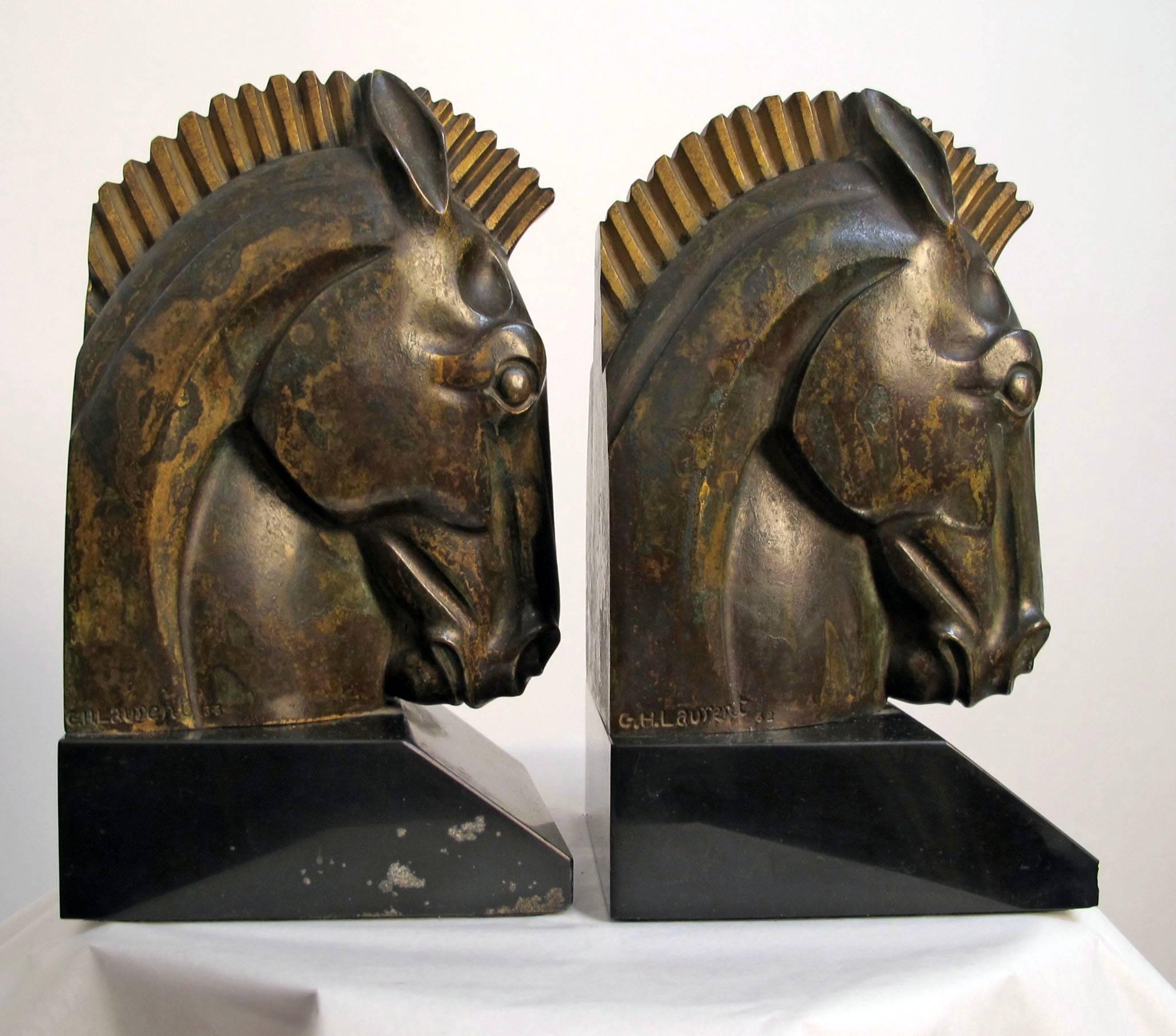 French Art Deco Bronze Horse Head Bookends Signed G. H. Laurent