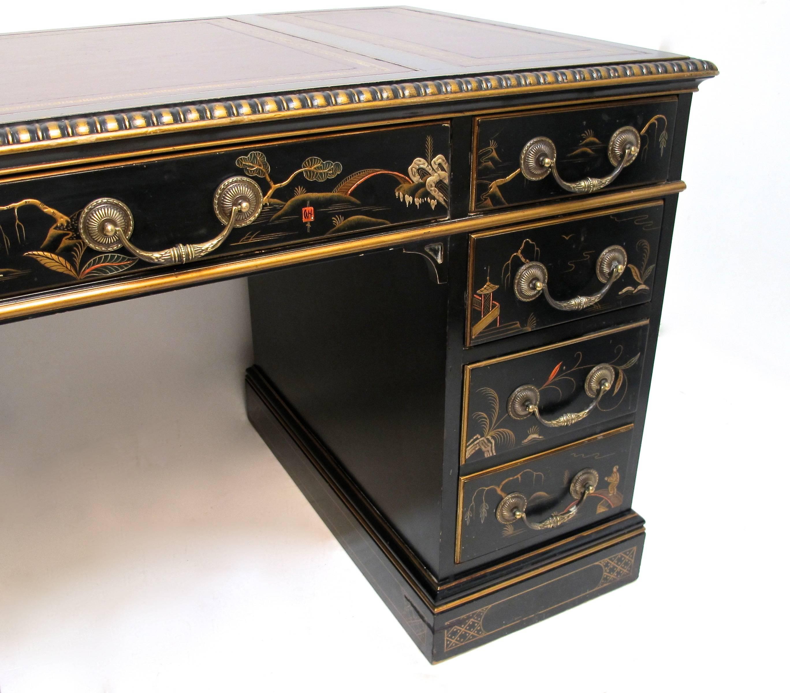 Georgian Painted and Chinoiserie Decorated Pedestal Desk, Last Quarter of 20th Century