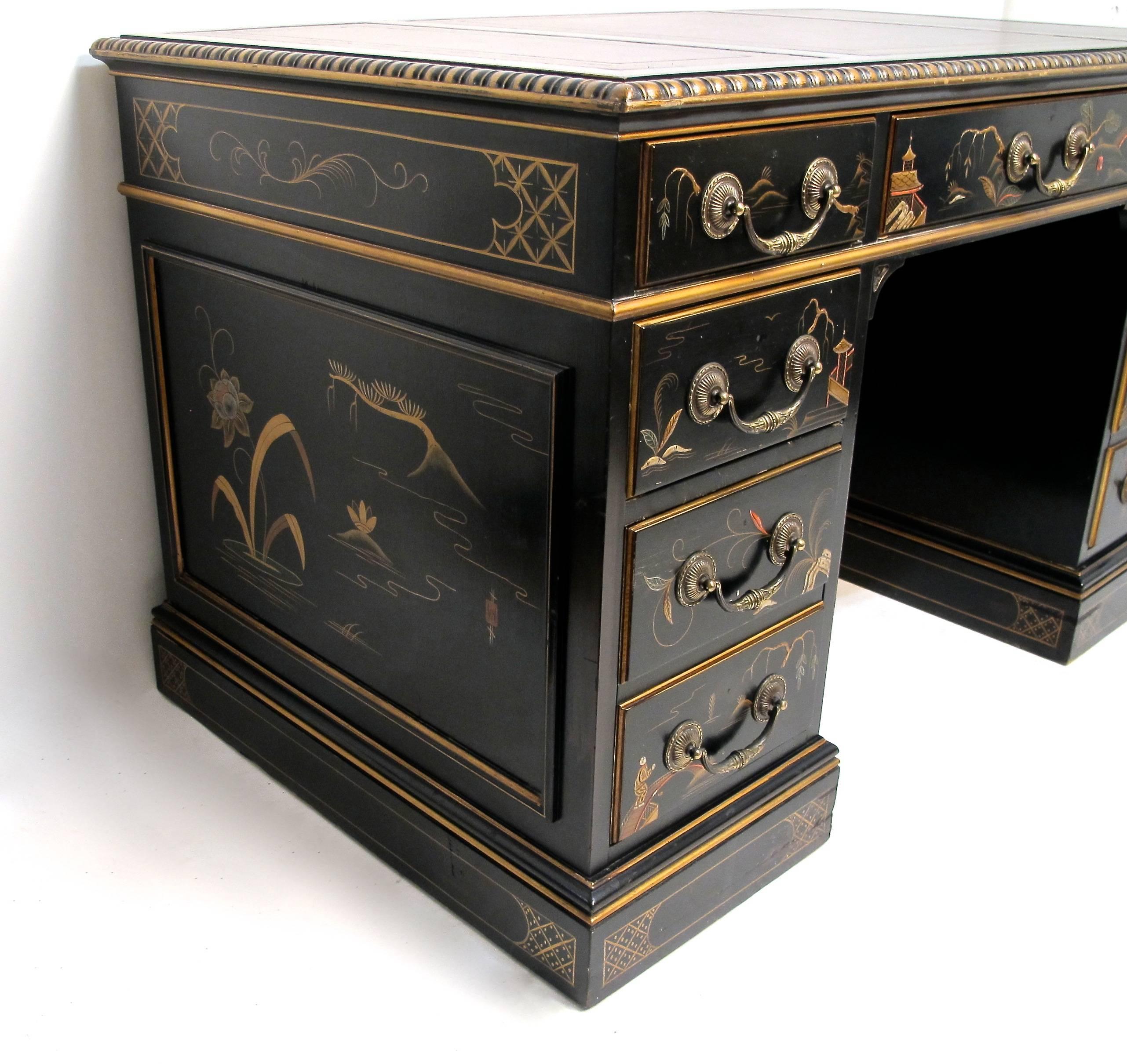 American Painted and Chinoiserie Decorated Pedestal Desk, Last Quarter of 20th Century