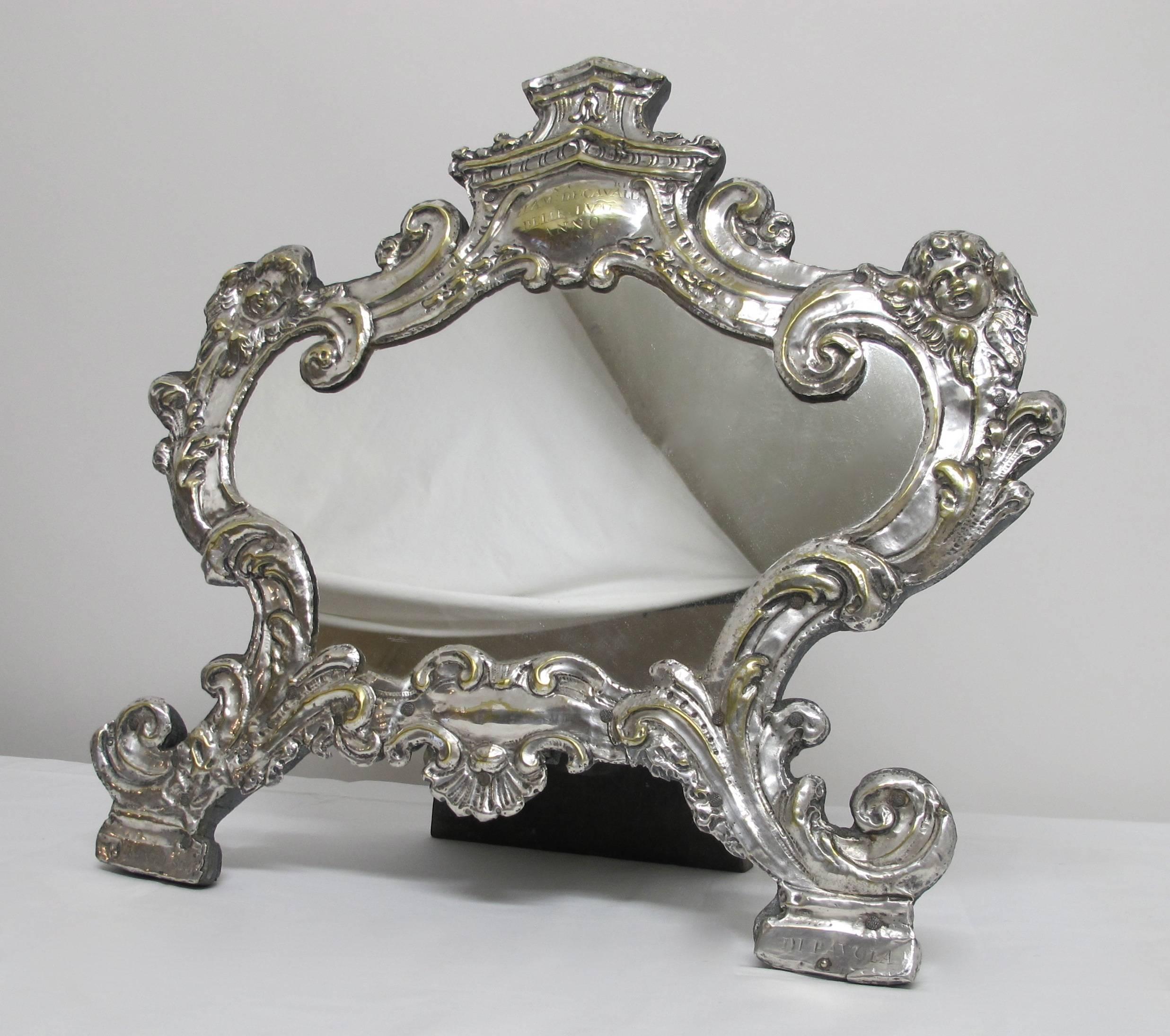 Silvered 18th Century Italian Silver Tabletop Mirror Frame