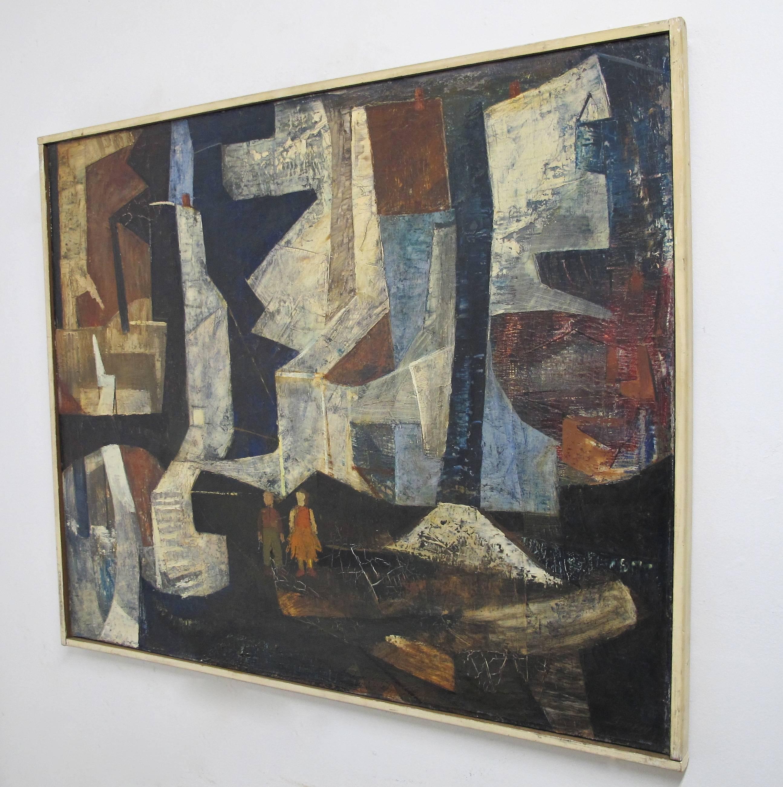 Abstract painting, oil on canvas in original painted wood frame by Bay Area San Francisco artist Lee Fraley, signed on back of canvas. Retains original gallery label on back. Mid-Century (1960s), American.

In overall very good vintage condition,