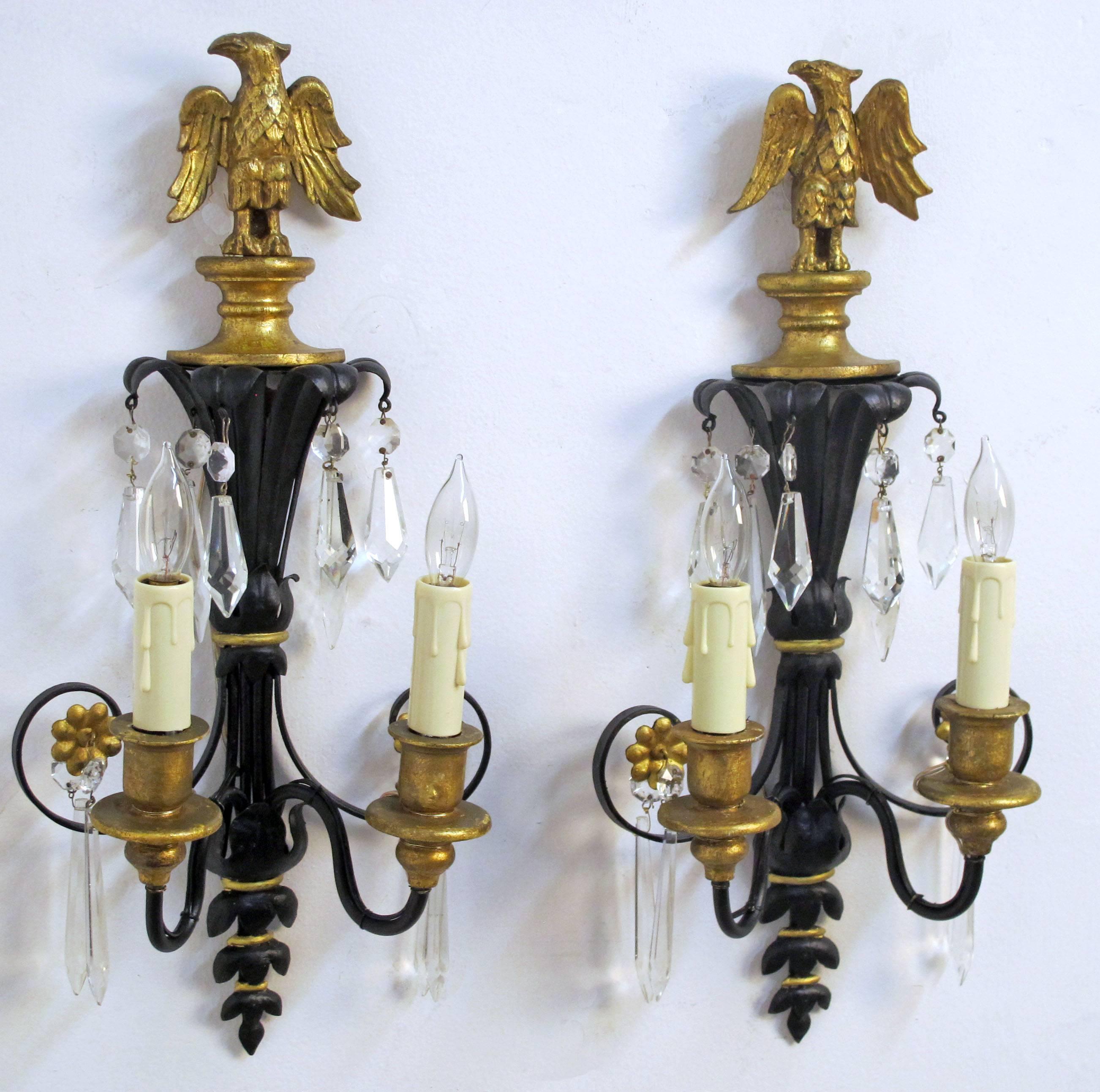 American Pair of Federal Style Black and Gilt Sconces