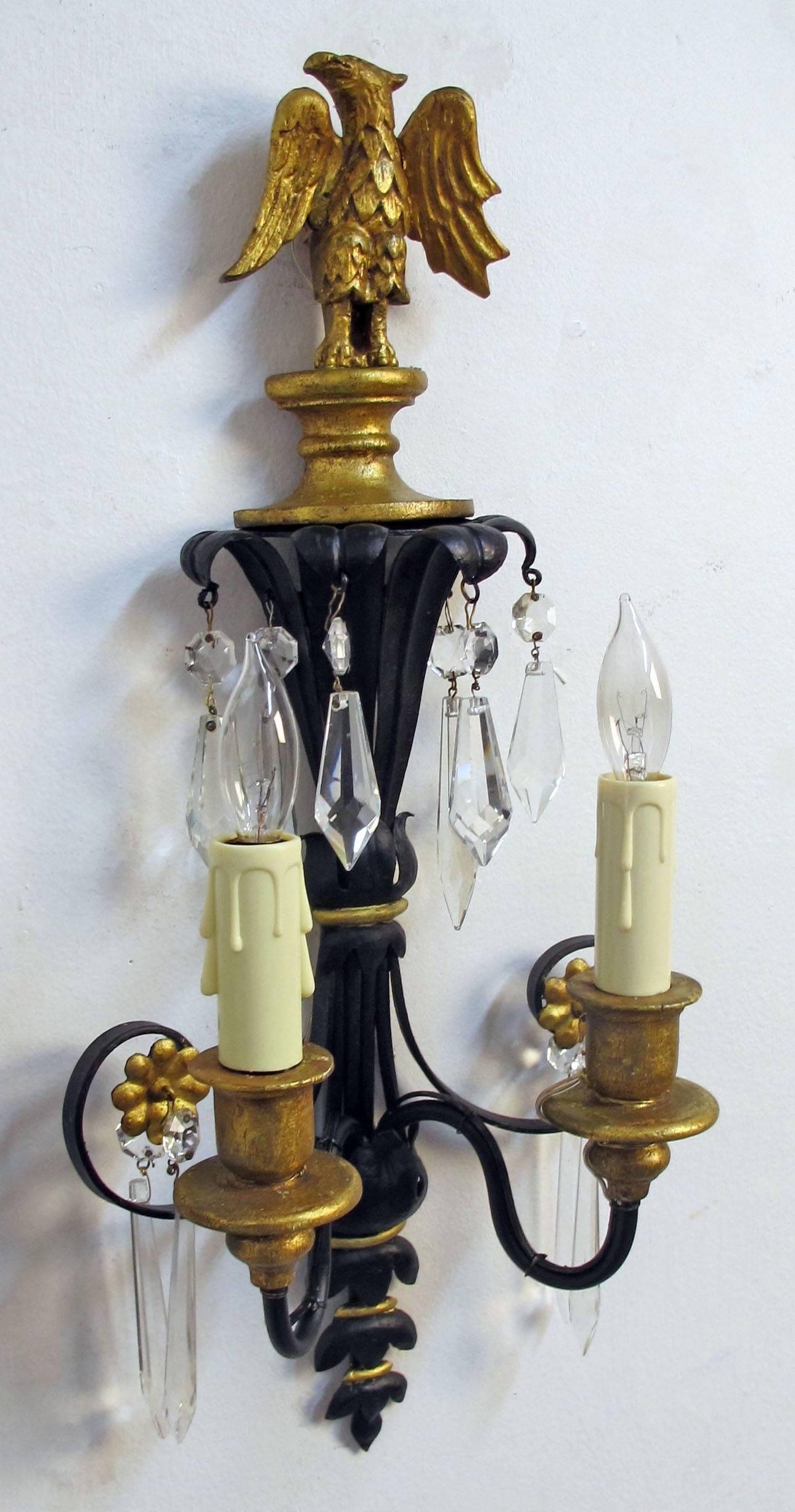 20th Century Pair of Federal Style Black and Gilt Sconces