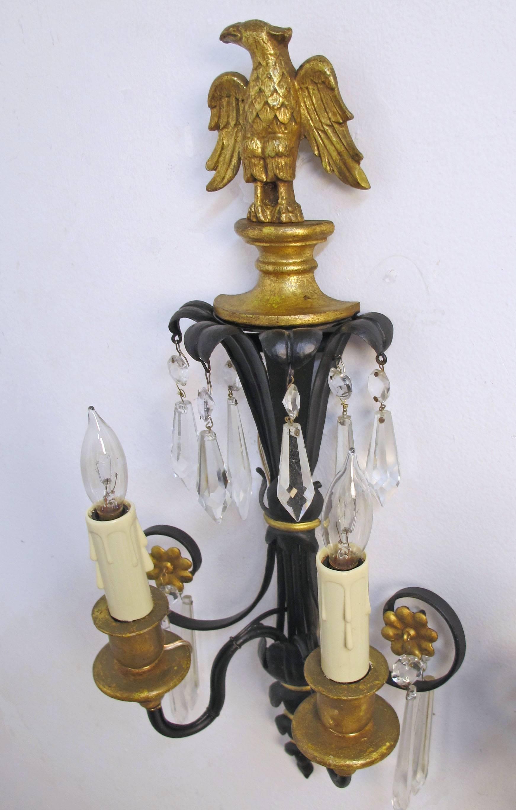 Metal Pair of Federal Style Black and Gilt Sconces