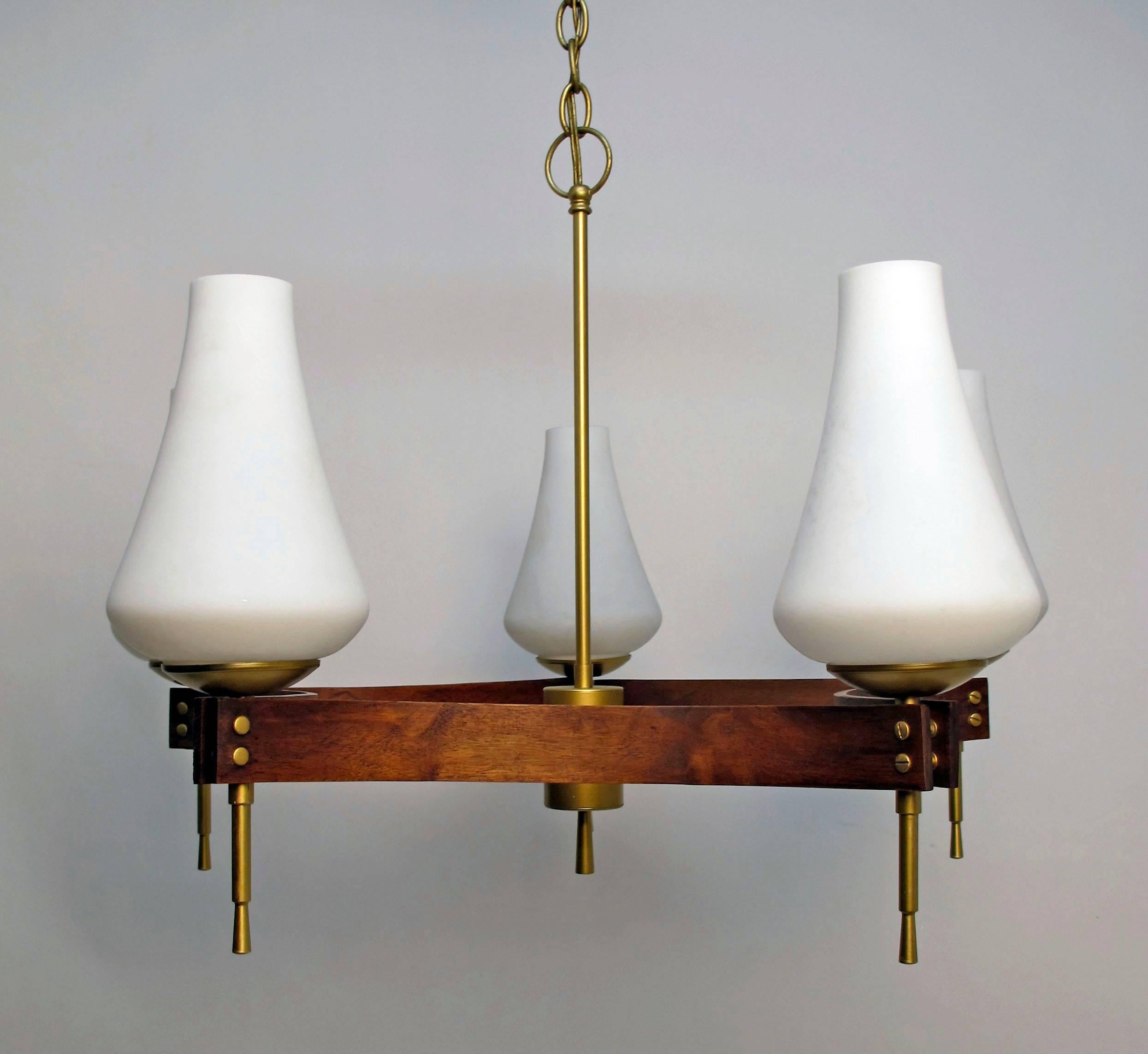 Mid Century Walnut and Brass Five Light Fixture In Good Condition In San Francisco, CA