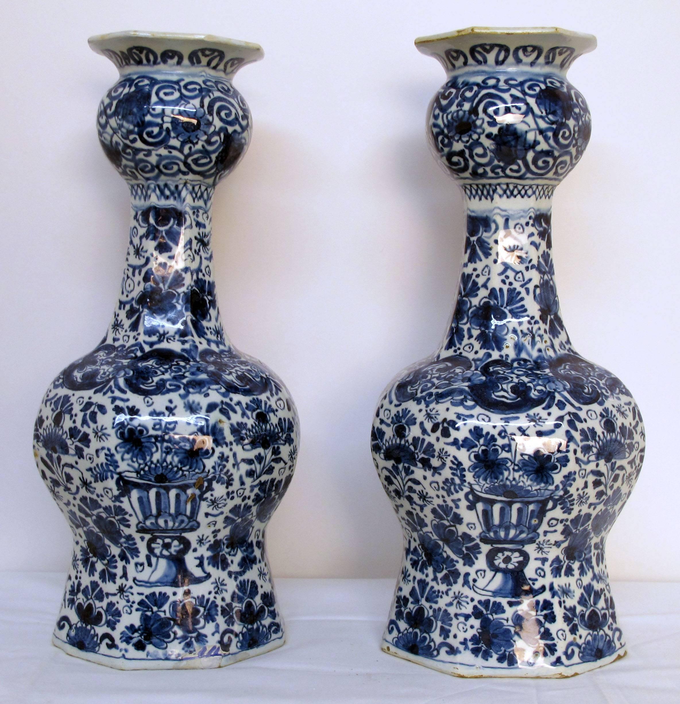 Baroque  Pair 18th Century Delft Faience Blue and White Vases