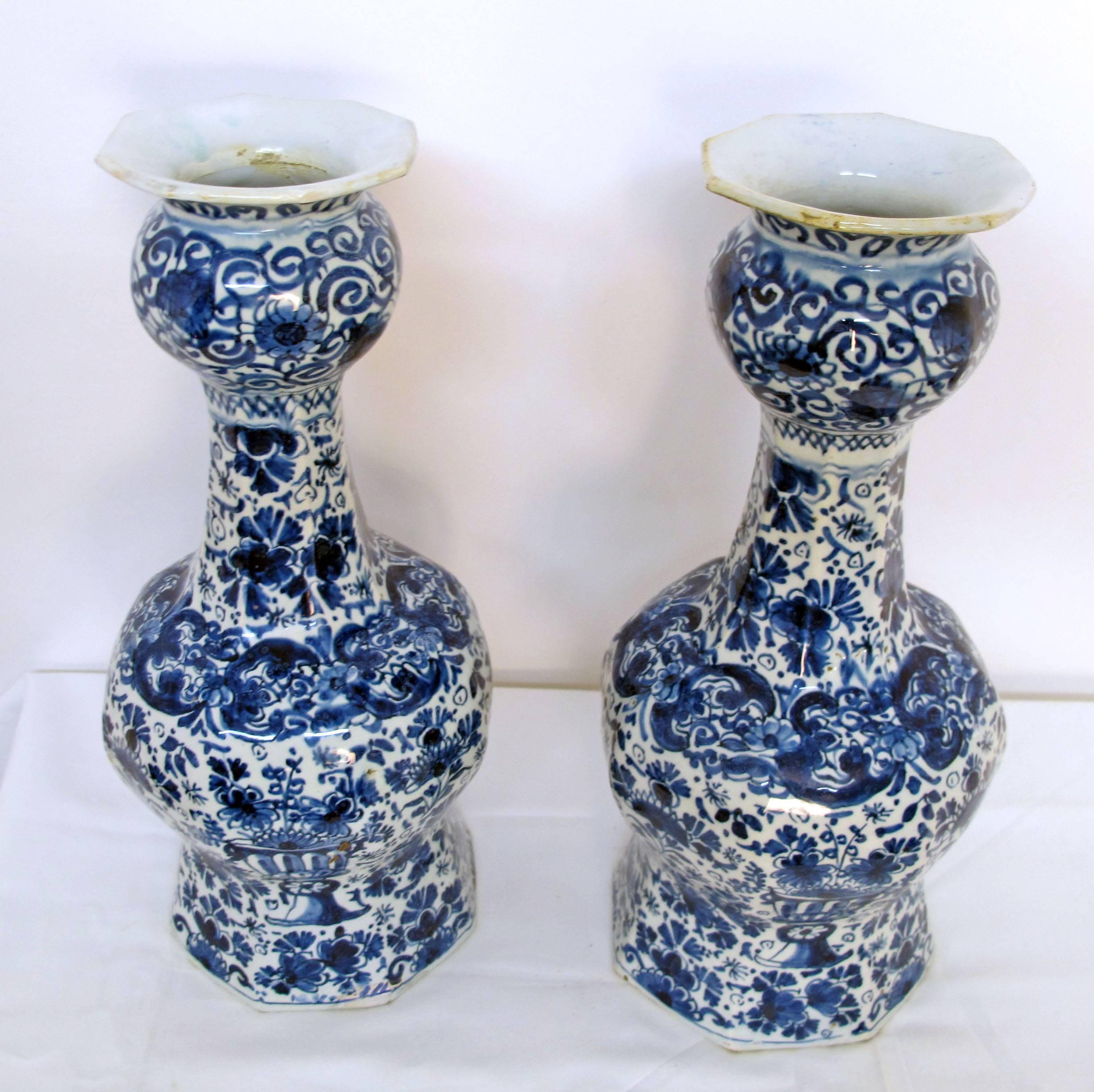 Dutch  Pair 18th Century Delft Faience Blue and White Vases