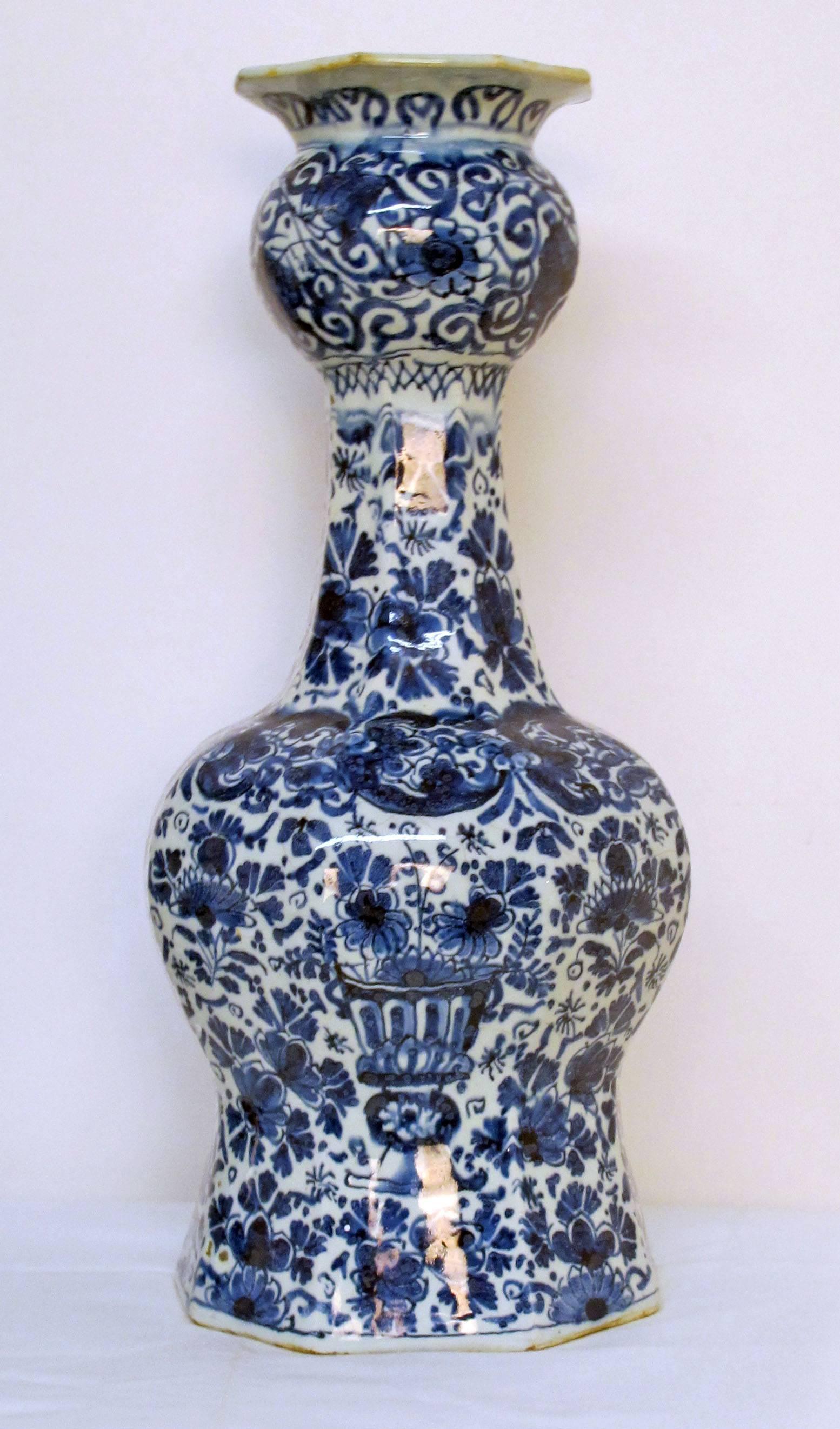 Glazed  Pair 18th Century Delft Faience Blue and White Vases