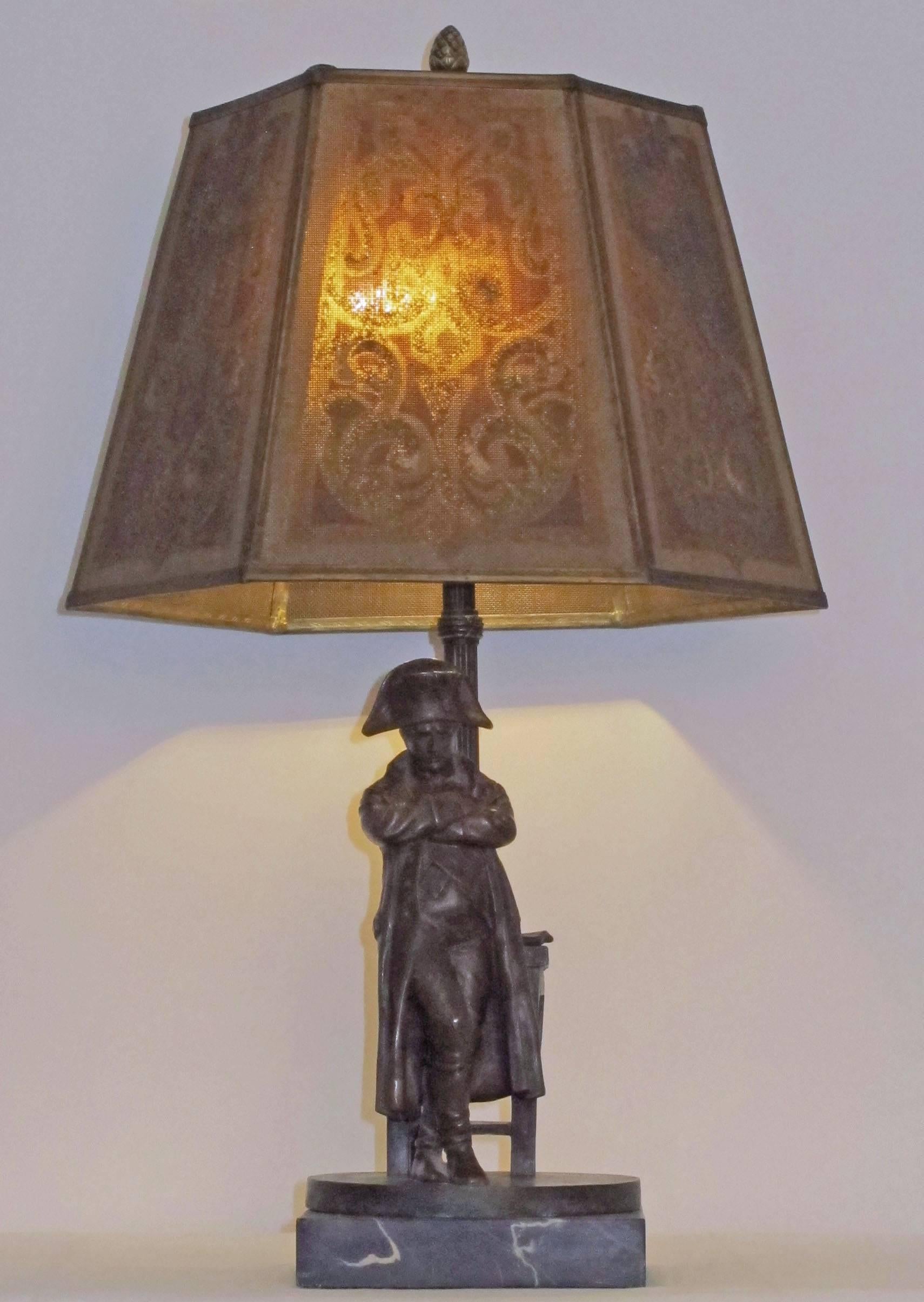 Bronze statue of Napoleon on marble base with a brass mesh and sand shade. Statue is signed Schmidt-Felling (Julius Paul Schmidt-Felling (1835–1920) was a German sculptor who worked during the mid-19th century and early 20th century.
Lamp has been