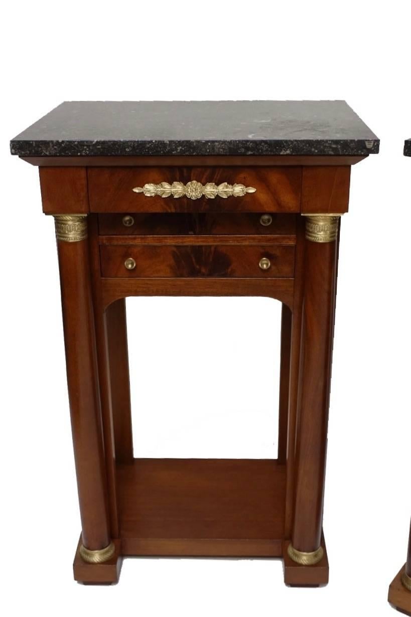 Brass Pair of French Empire Style Mahogany Bedside Tables