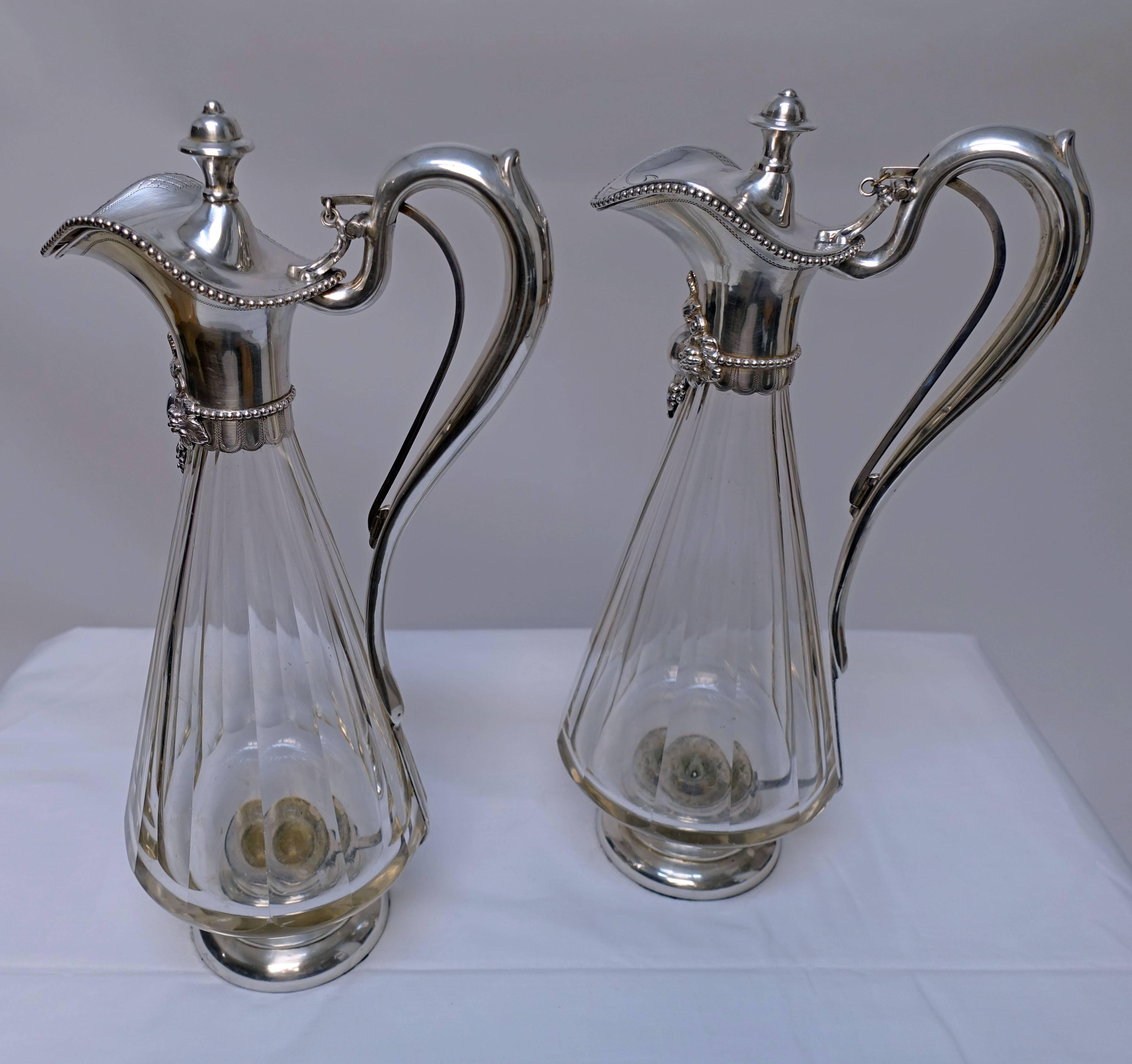 Art Nouveau 19th Century Silver and Cut-Glass Wine Clarets Decanters