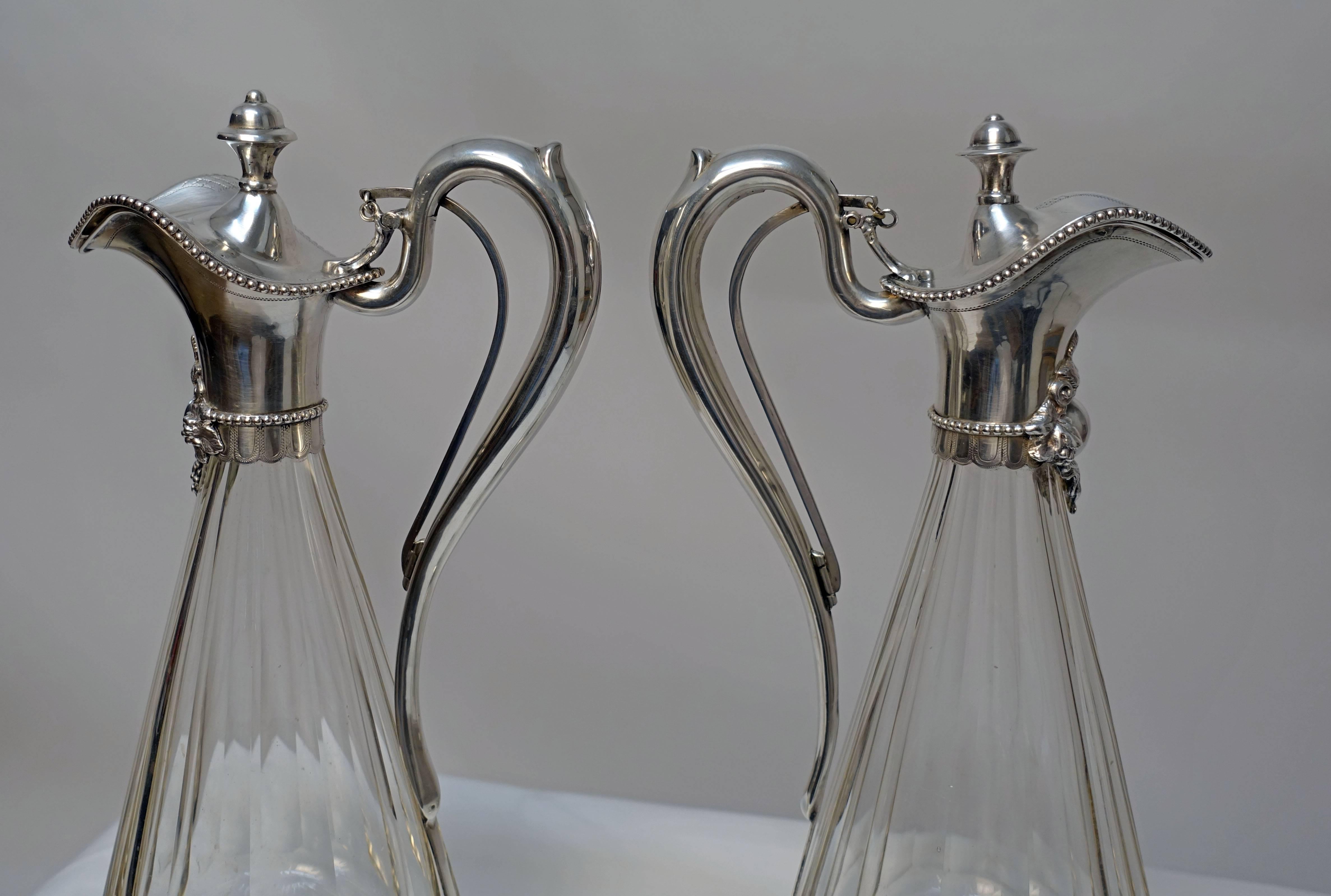 French 19th Century Silver and Cut-Glass Wine Clarets Decanters