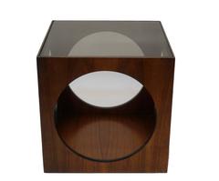 Mid-Century Walnut Geometric Cube Side Table