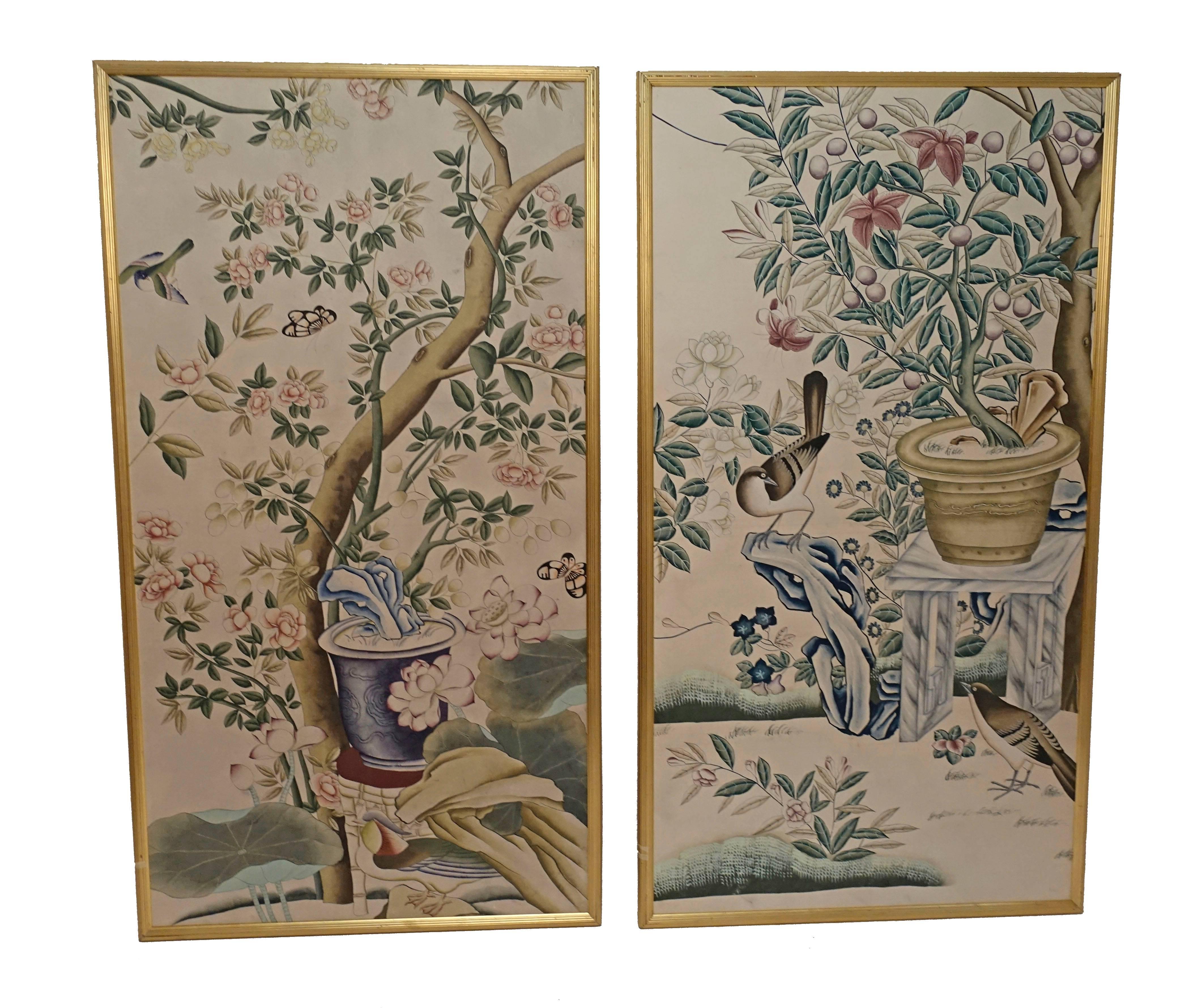 Framed wall paper panels, China, early 20th century.
