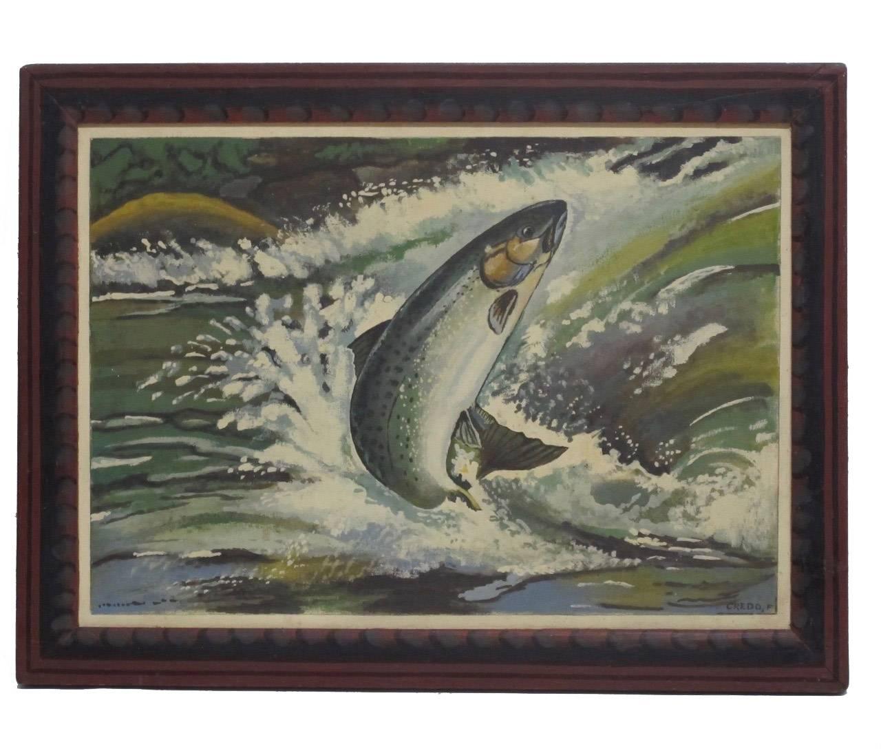 Folk Art painting of a trout, oil on canvas mounted on board in original hand painted frame. Signed Credo F. in lower right. American, 1930s-1950s.