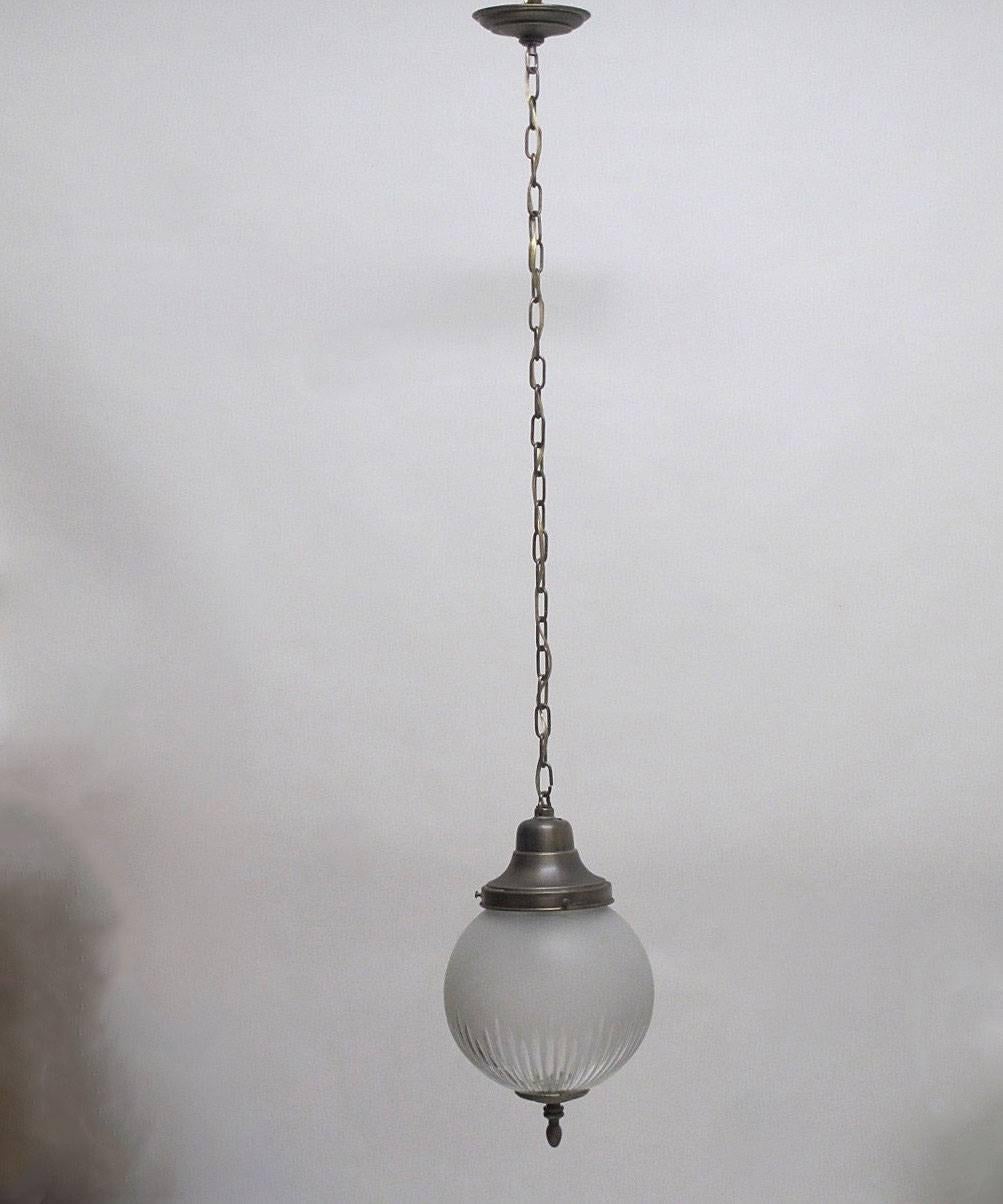 Etched Frosted and Cut-Glass Pendant Light Fixture, American Early 20th Century