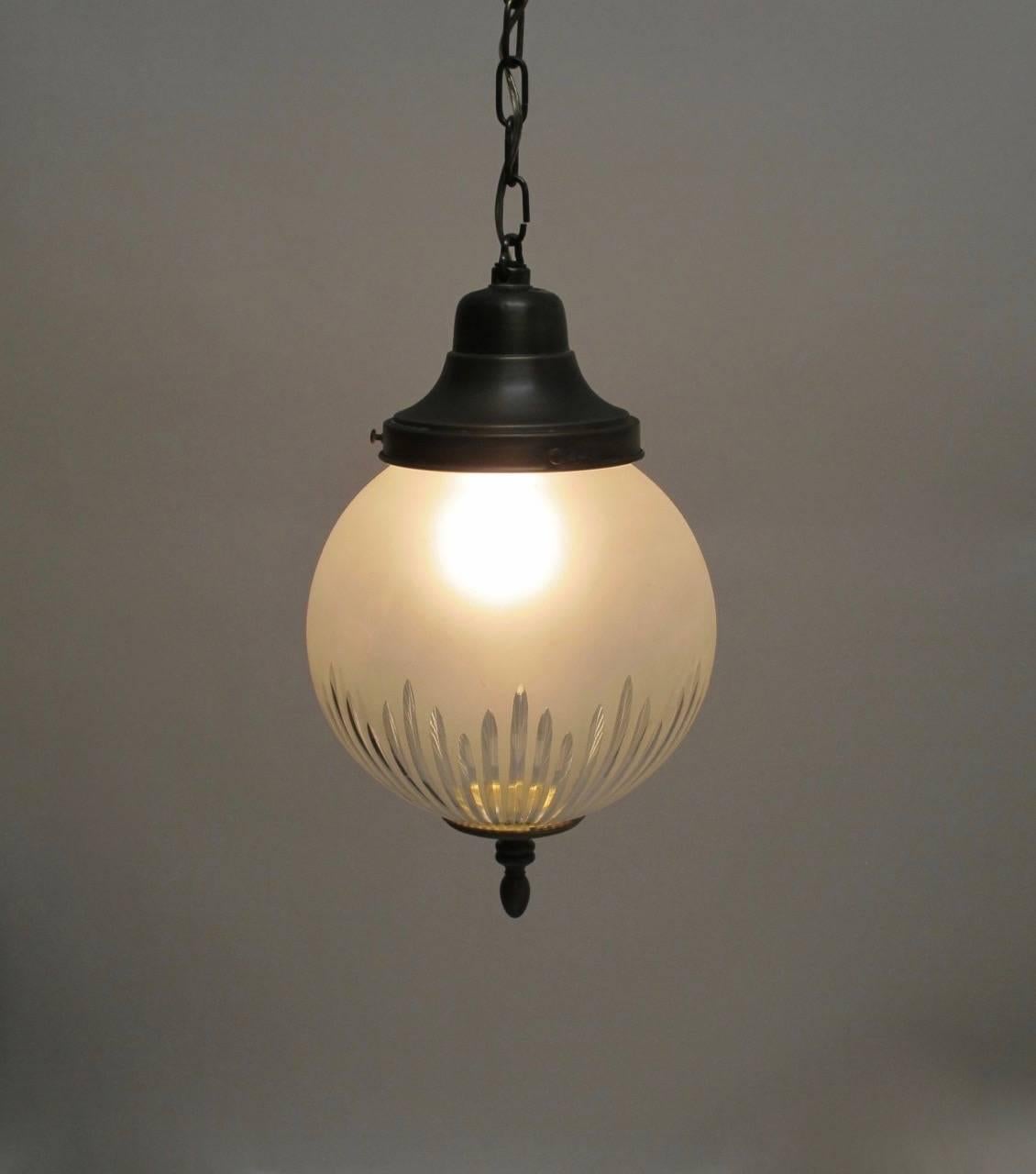 Frosted and Cut-Glass Pendant Light Fixture, American Early 20th Century In Excellent Condition In San Francisco, CA