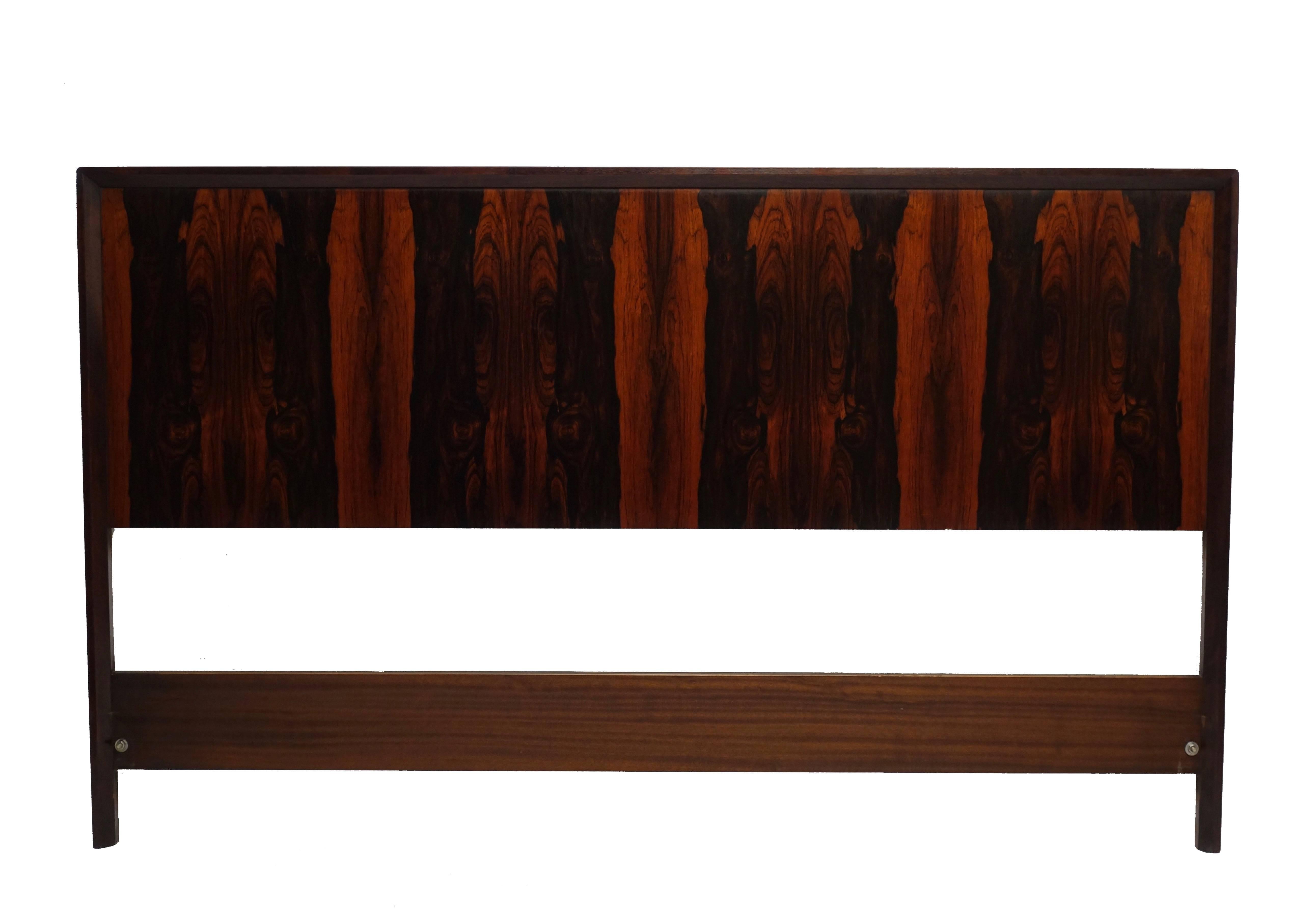 A striking bookmatched rosewood queen-size headboard framed in walnut. Original label on the reverse reads Westnofa Furniture, made in Norway, midcentury, Norway.