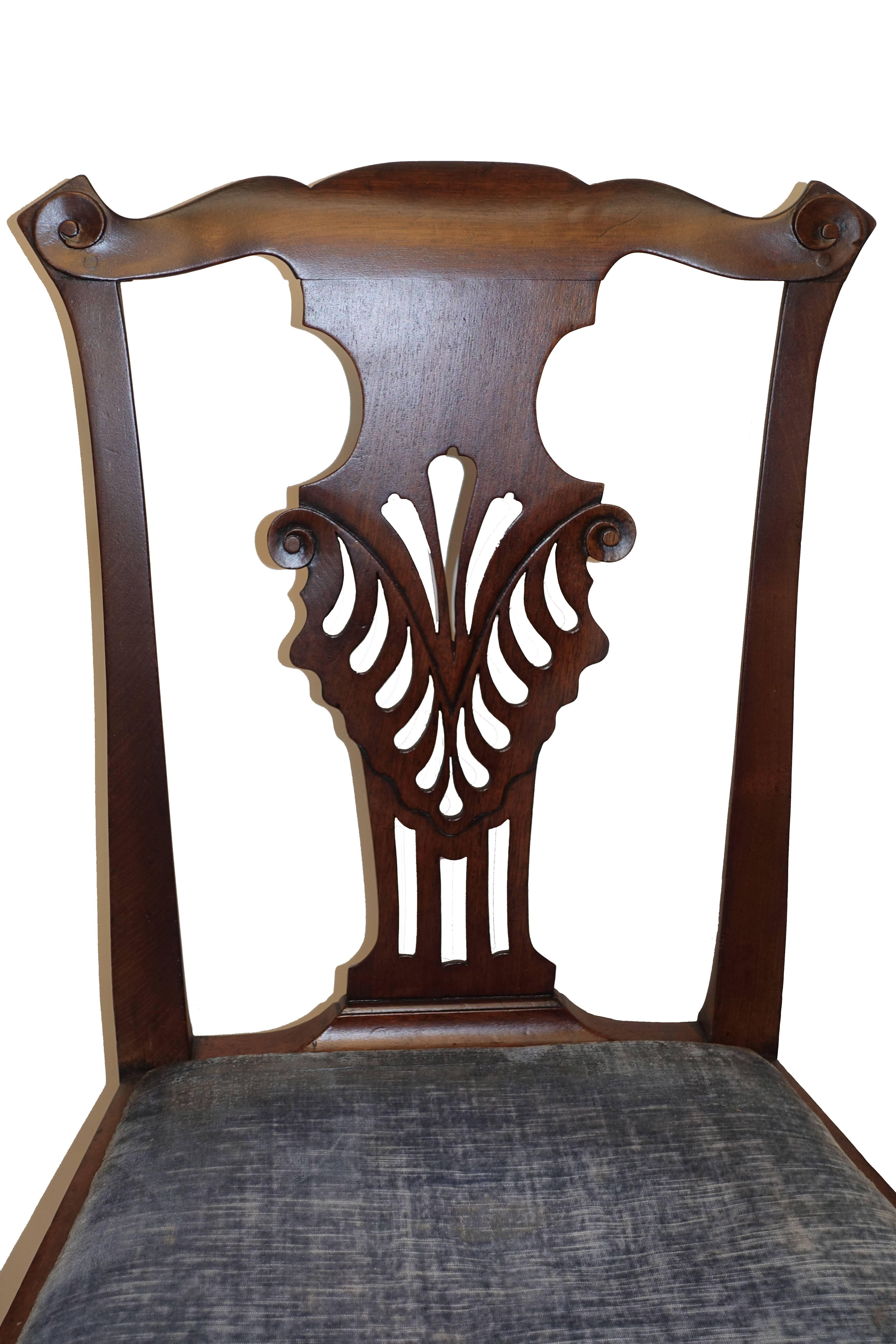 Lovely set of six Chippendale style solid walnut dining side chairs with carved back splat of antheum leaf design, having nicely carved and shaped crest rails and drop in seats. Recently refinished, England or Scotland, circa 1800.