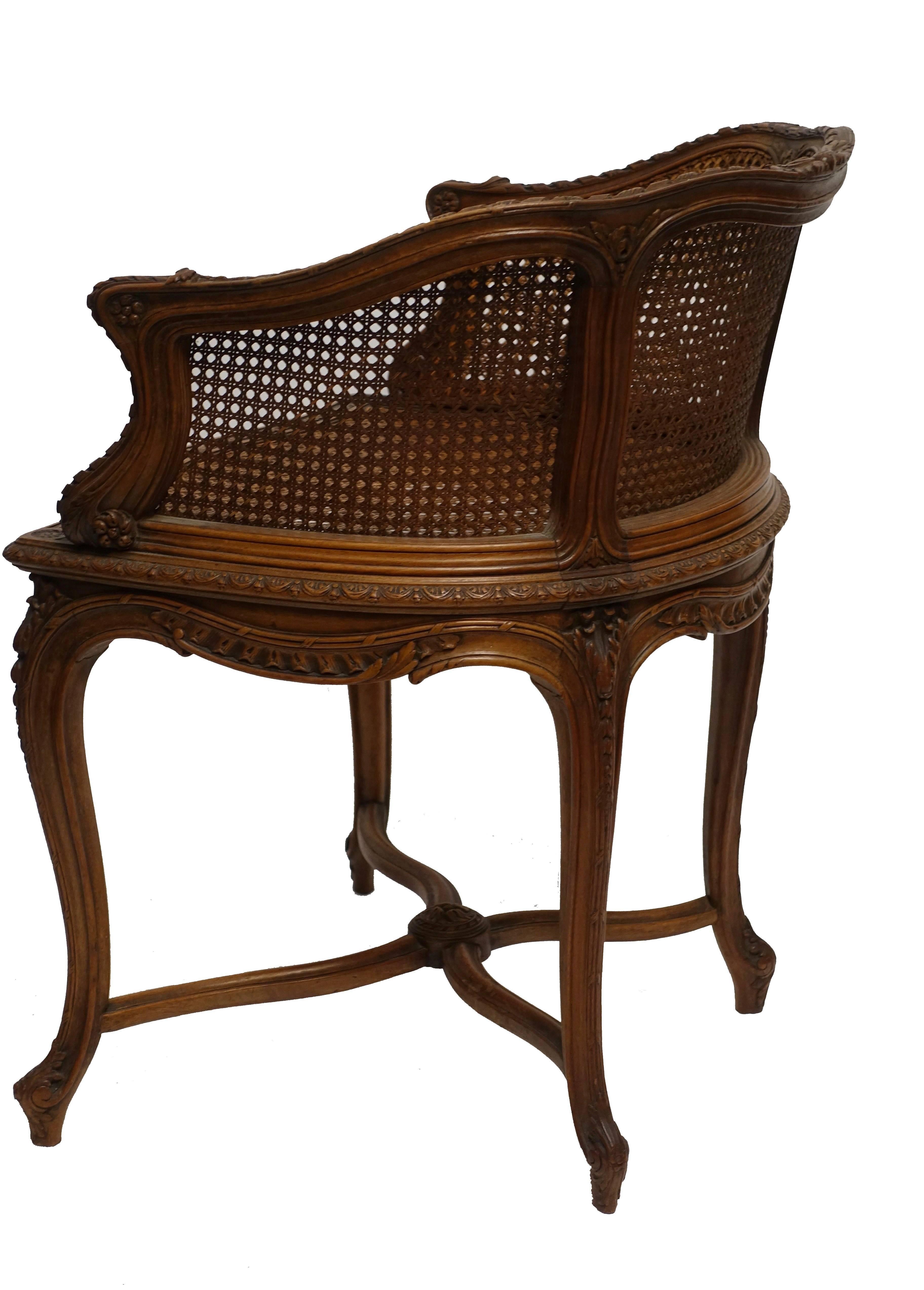 Louis XVI Carved Walnut Vanity Dressing Table Bergere Chair, French, circa 1900