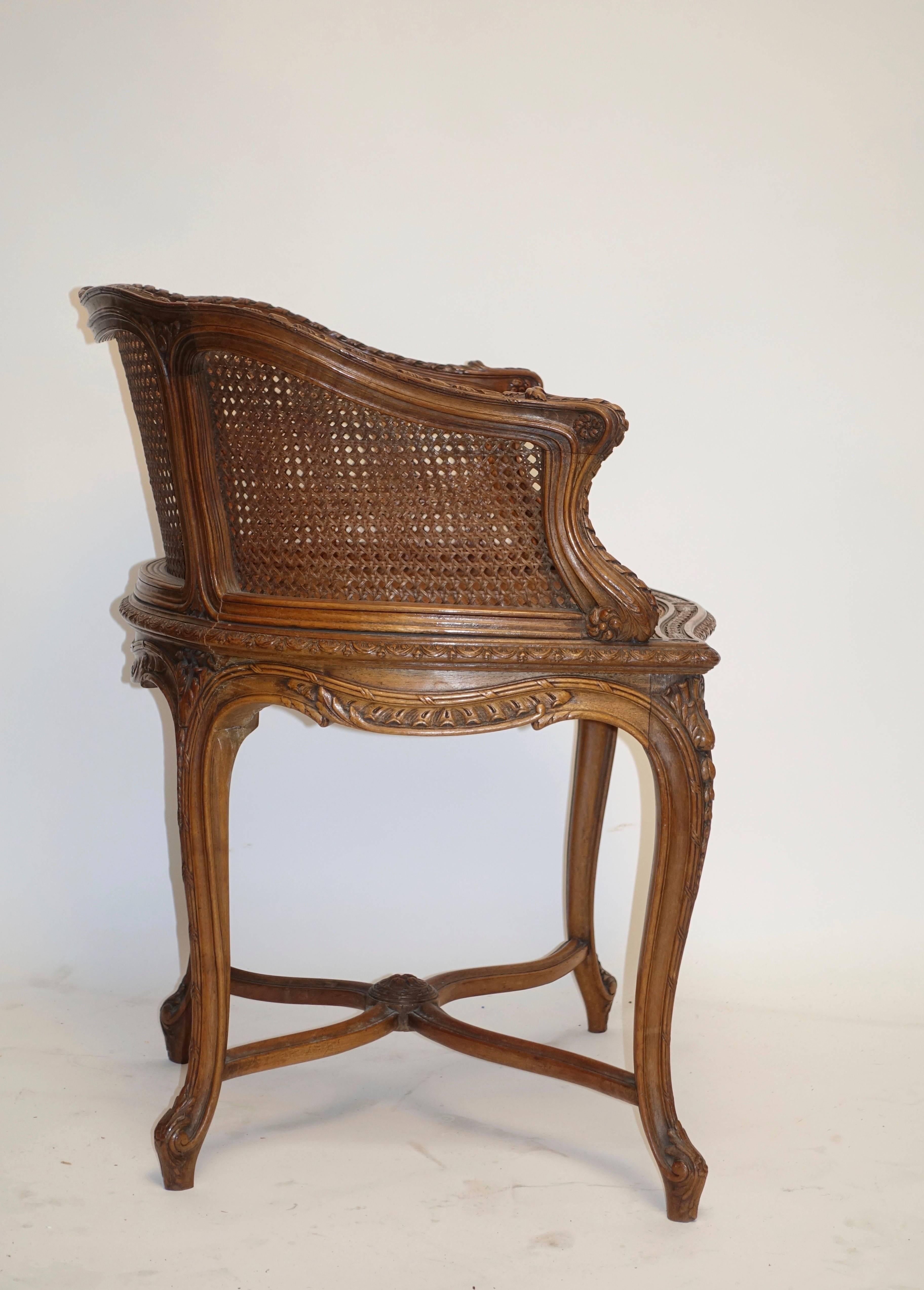 Cane Carved Walnut Vanity Dressing Table Bergere Chair, French, circa 1900
