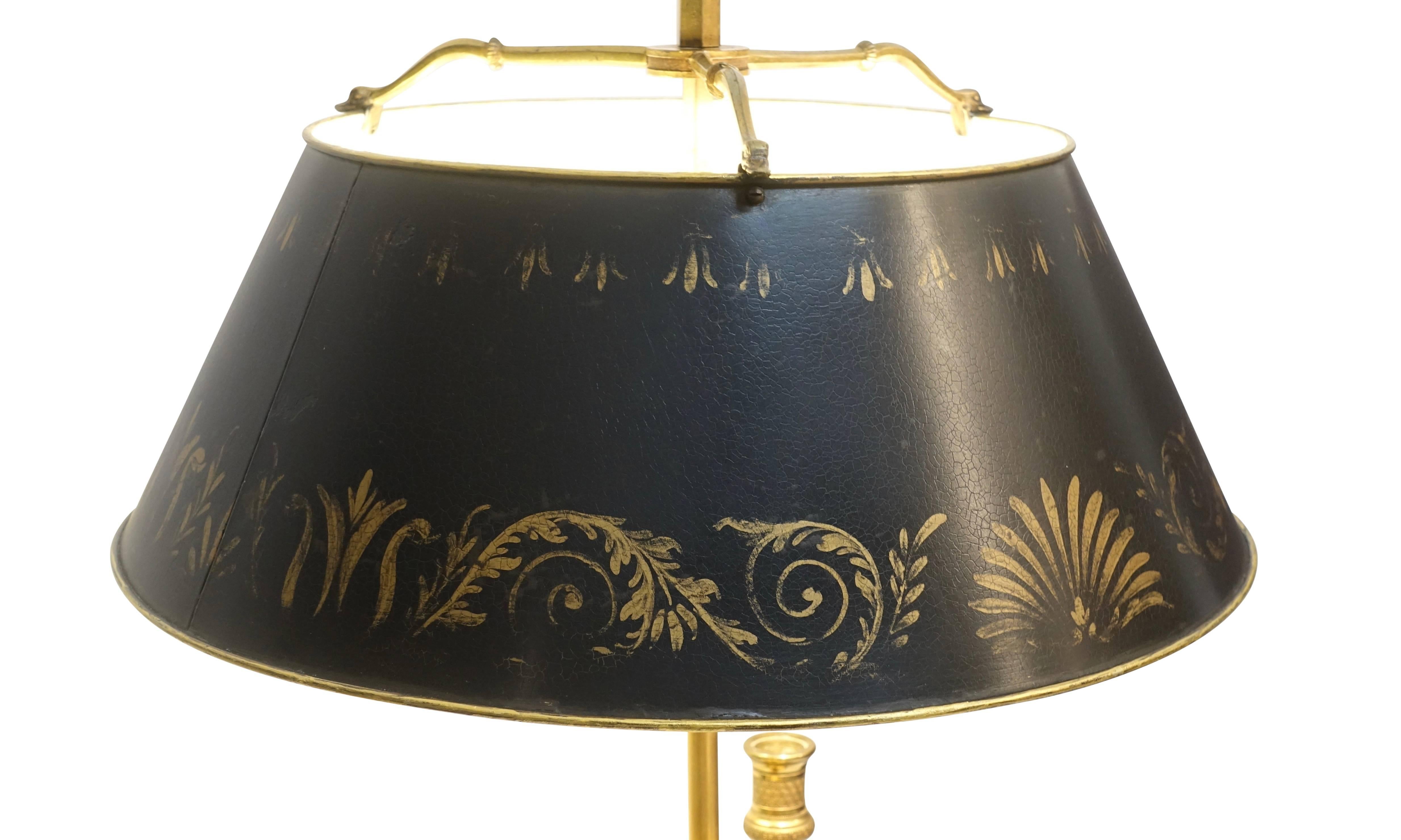 20th Century French Empire Style Brass Bouillotte Lamp with Black and Gilt Tole Shade For Sale